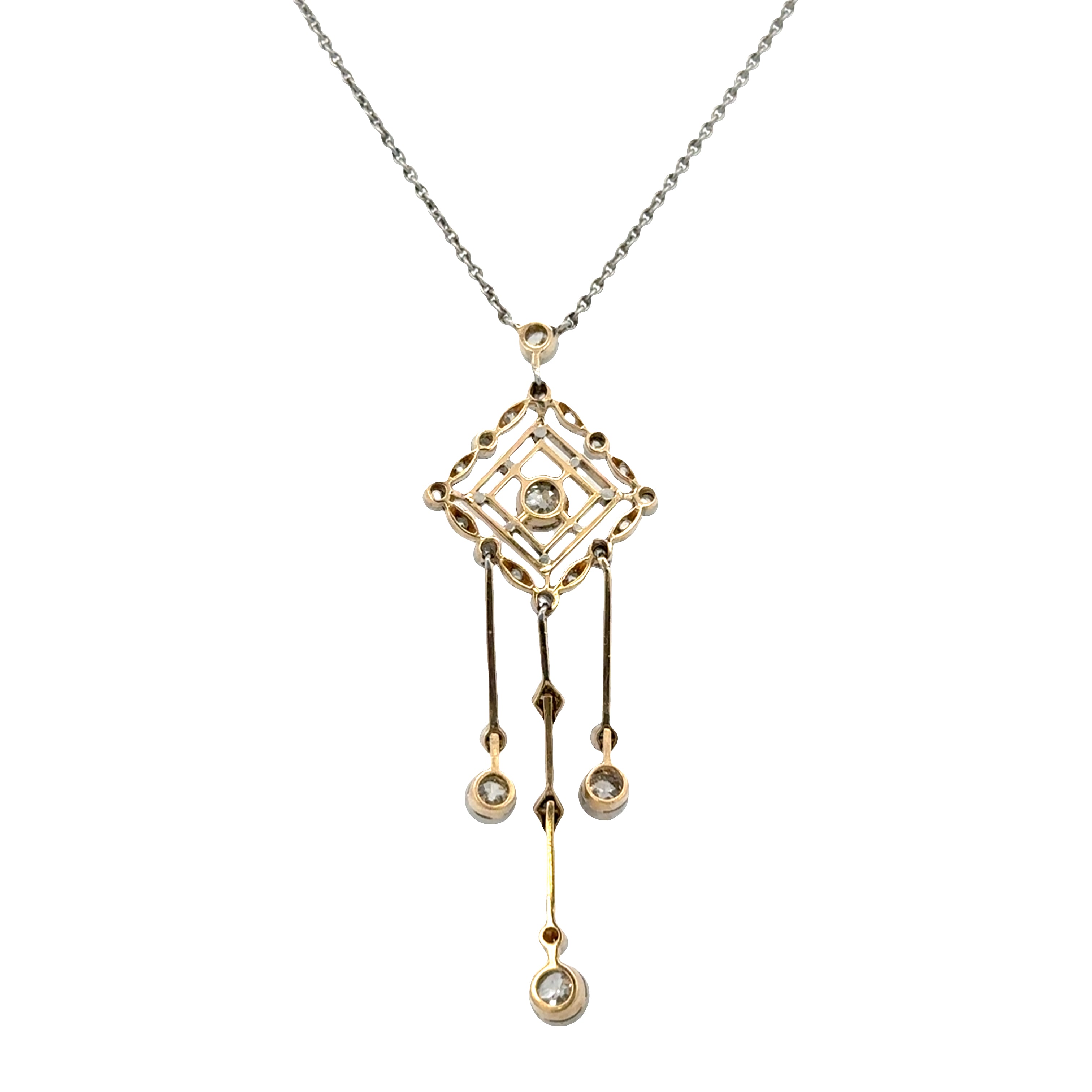 Antique Edwardian Platinum-Topped 14k Yellow Gold Diamond Lavalier Pendant Necklace – 18", Circa 1910s