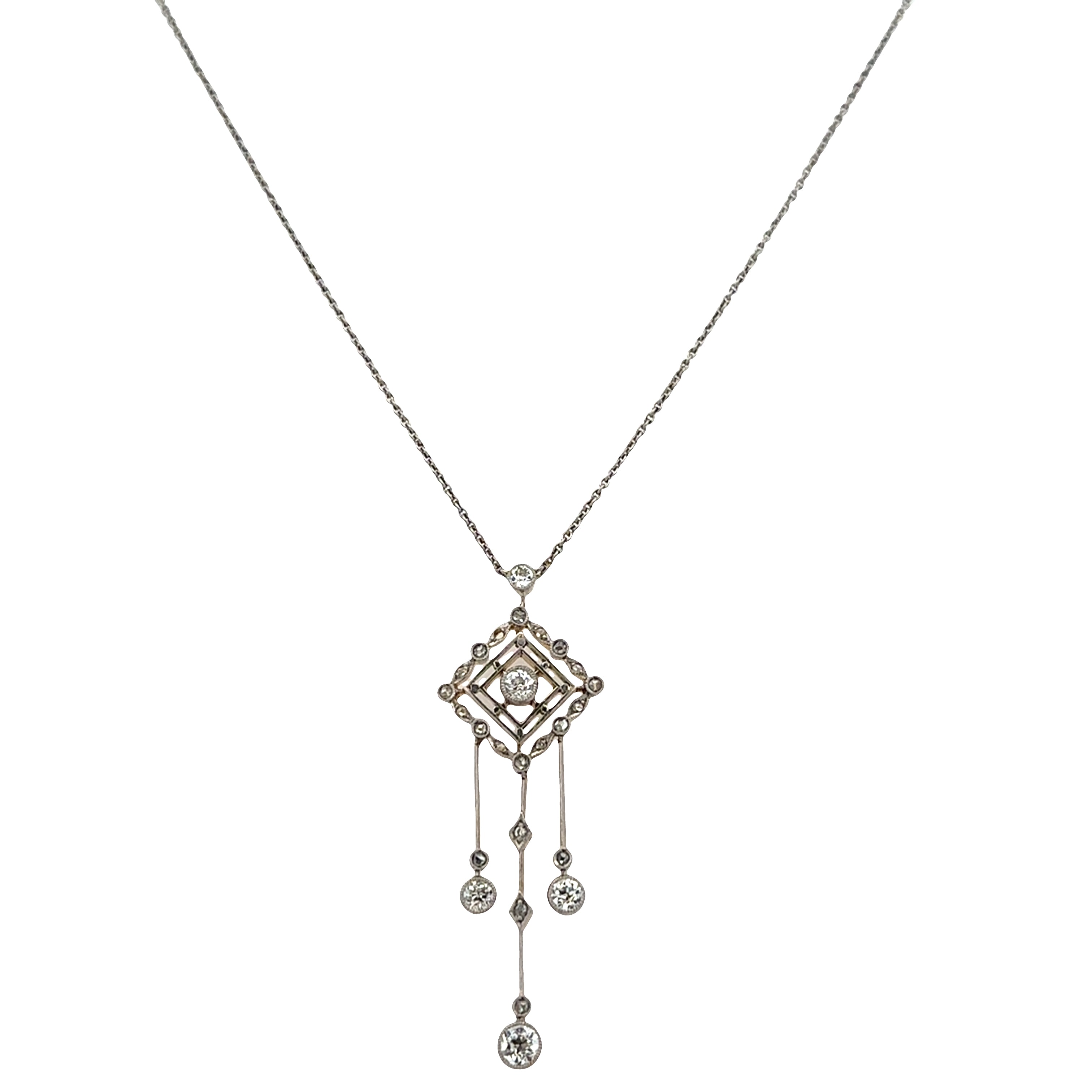 Antique Edwardian Platinum-Topped 14k Yellow Gold Diamond Lavalier Pendant Necklace – 18", Circa 1910s