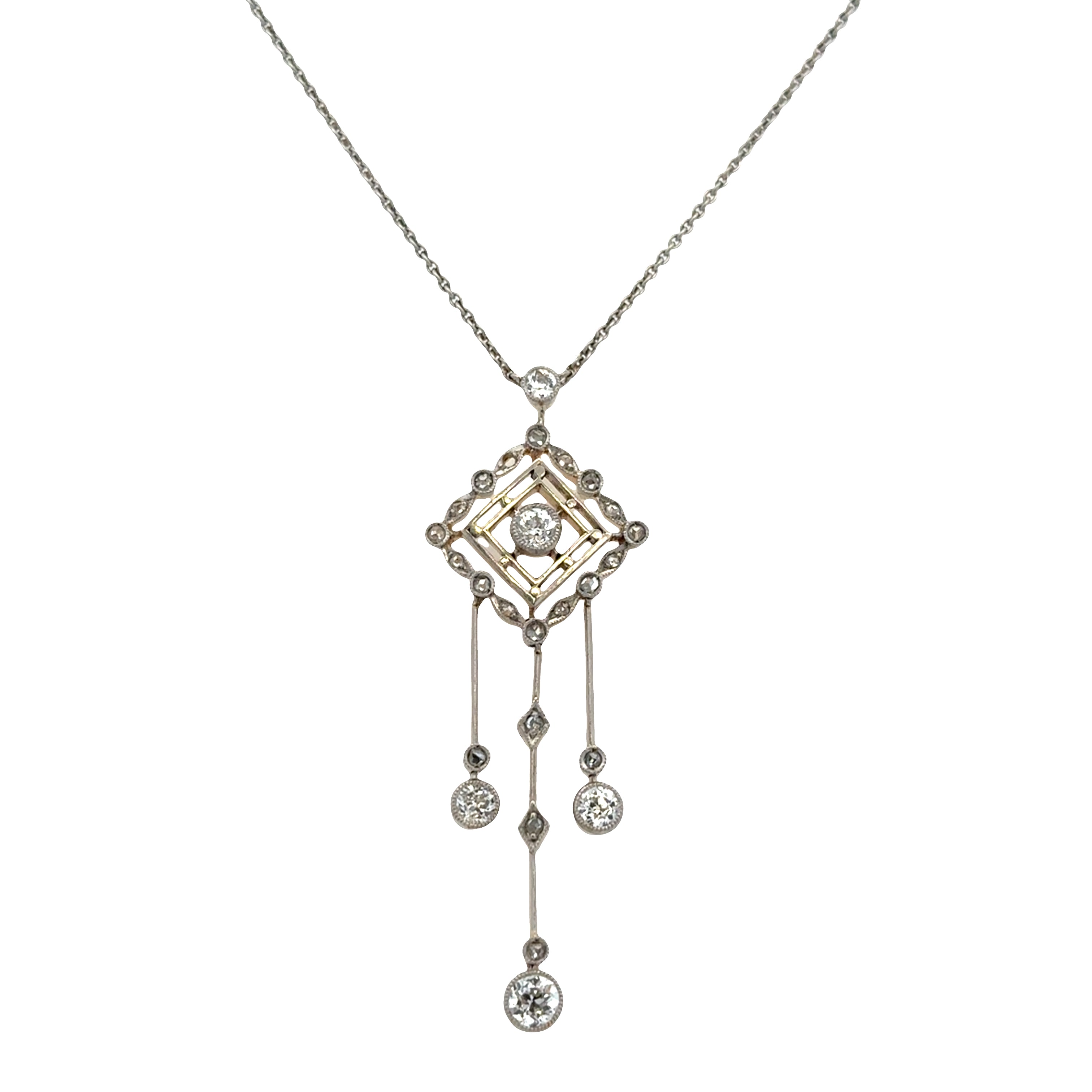Antique Edwardian Platinum-Topped 14k Yellow Gold Diamond Lavalier Pendant Necklace – 18", Circa 1910s