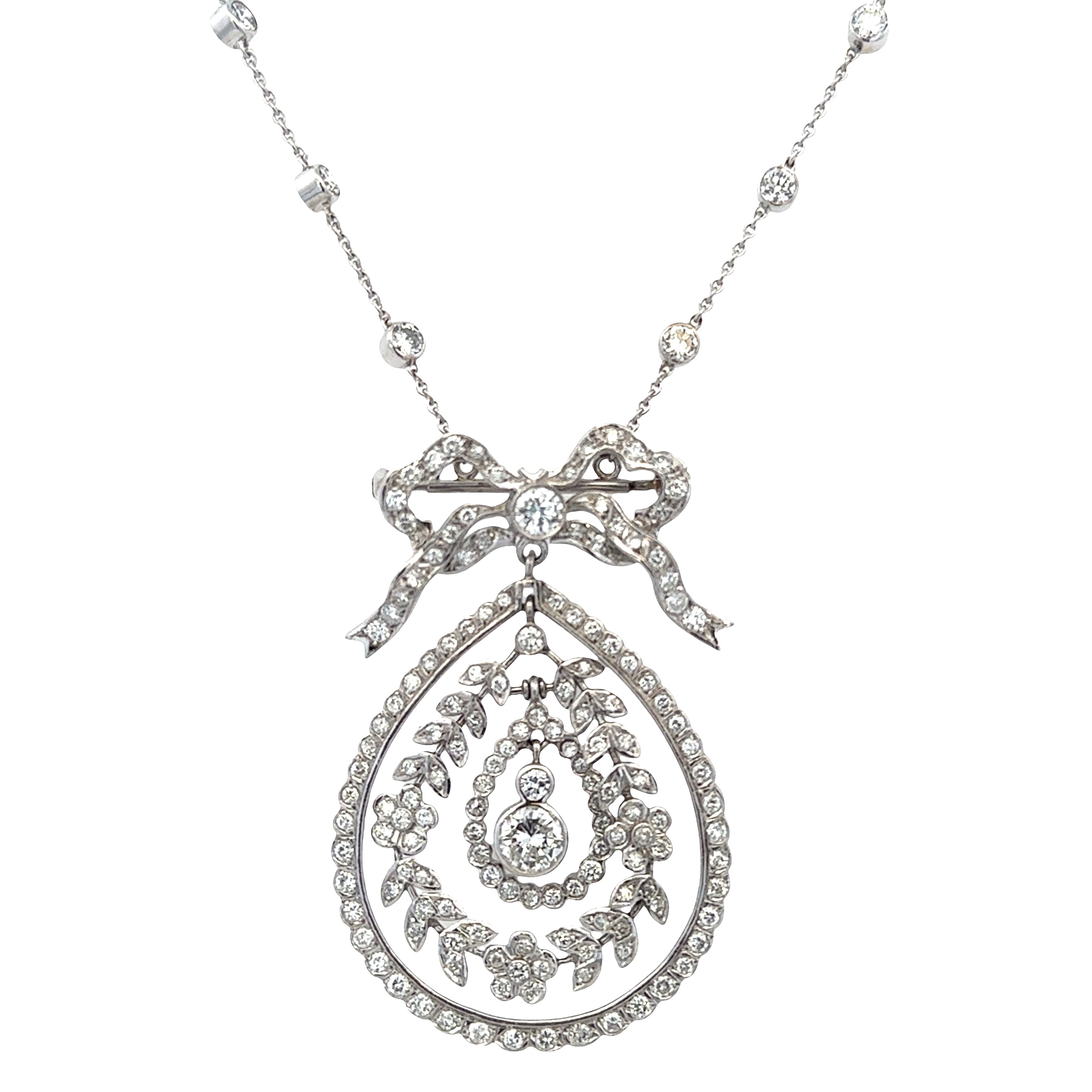 Platinum Diamond Bow & Foliate Convertible Pendant Brooch Necklace – 16"