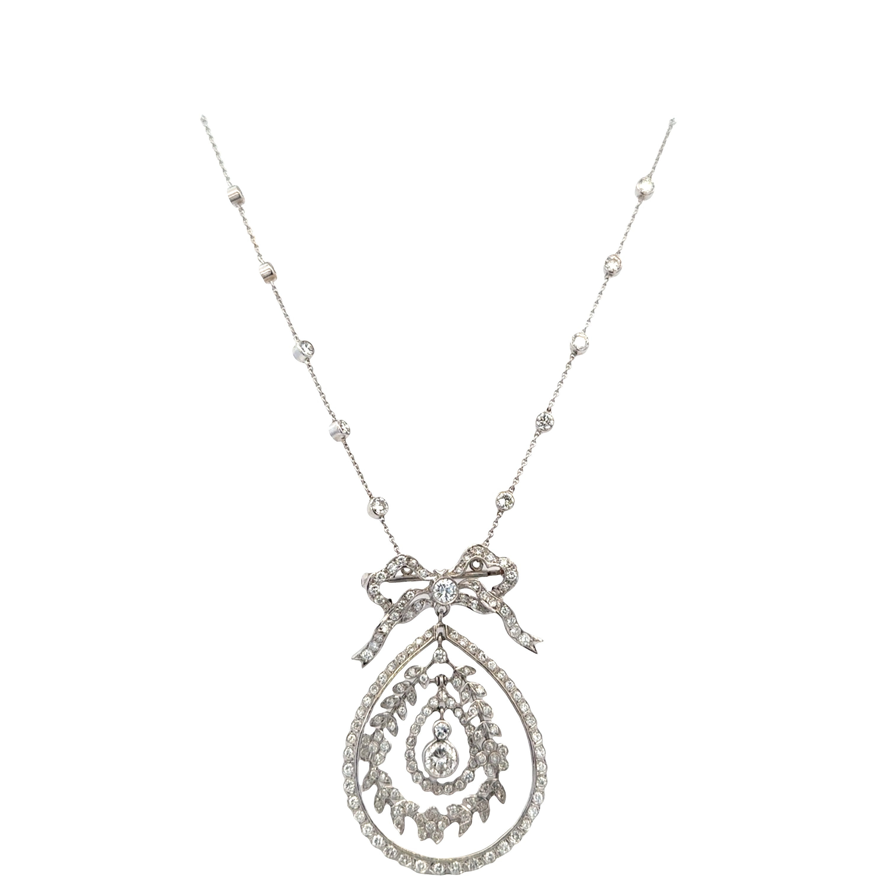 Platinum Diamond Bow & Foliate Convertible Pendant Brooch Necklace – 16"