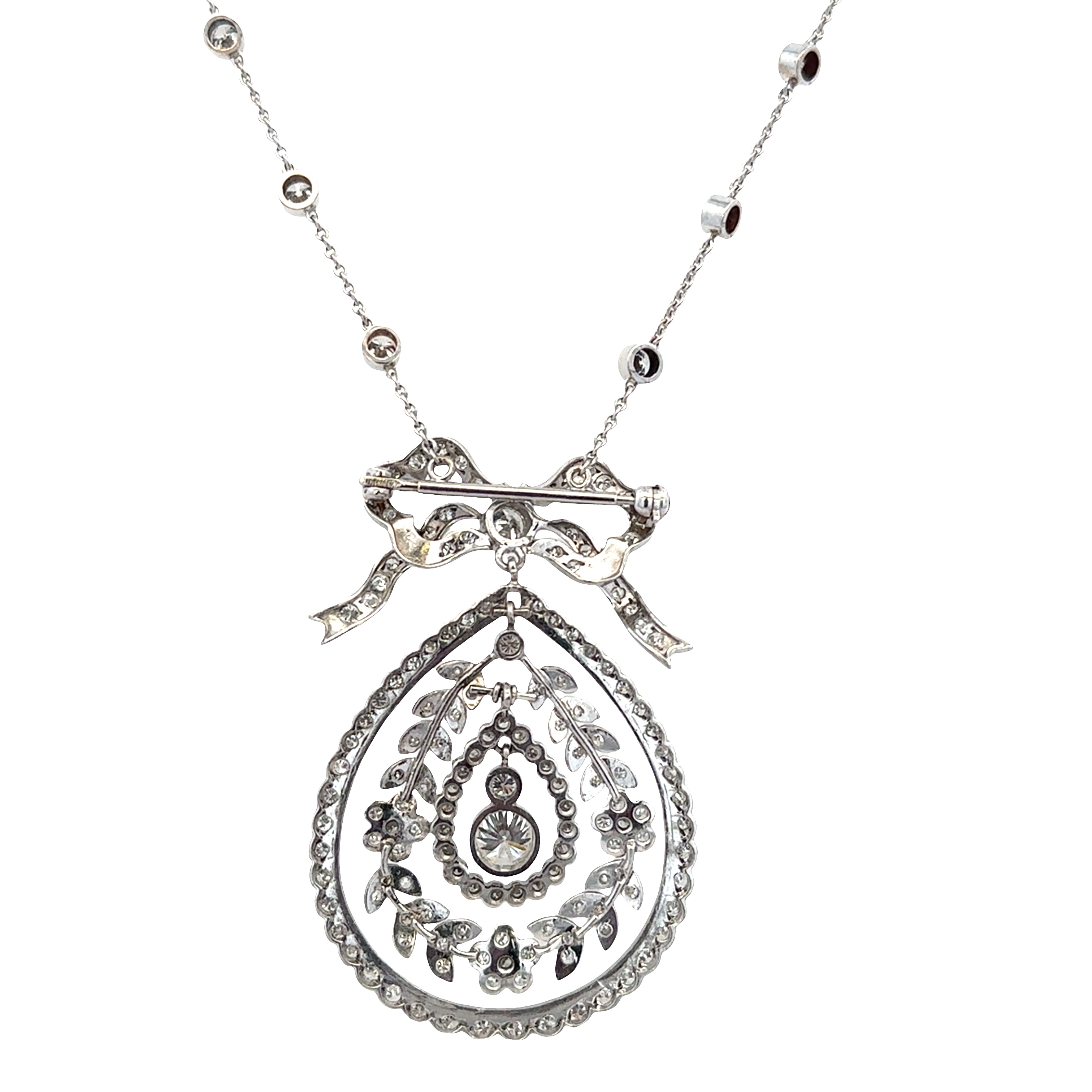 Platinum Diamond Bow & Foliate Convertible Pendant Brooch Necklace – 16"