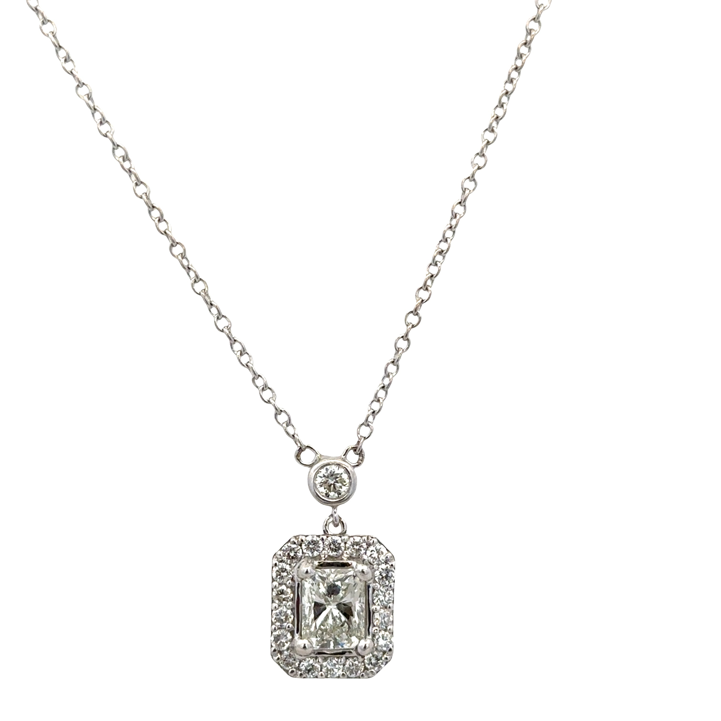 14k White Gold Cushion Cut Diamond Halo Station Necklace – GIA