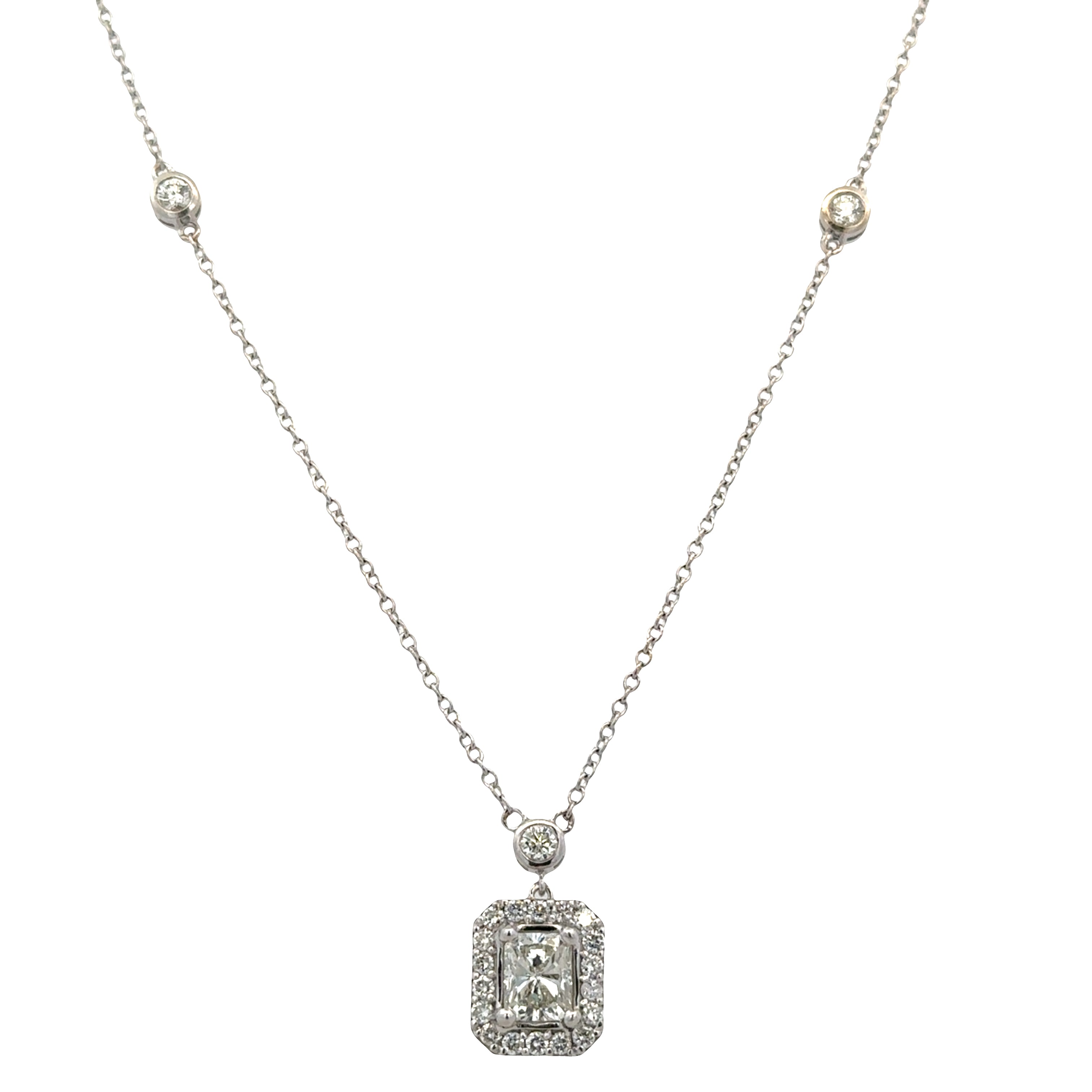 14k White Gold Cushion Cut Diamond Halo Station Necklace – GIA
