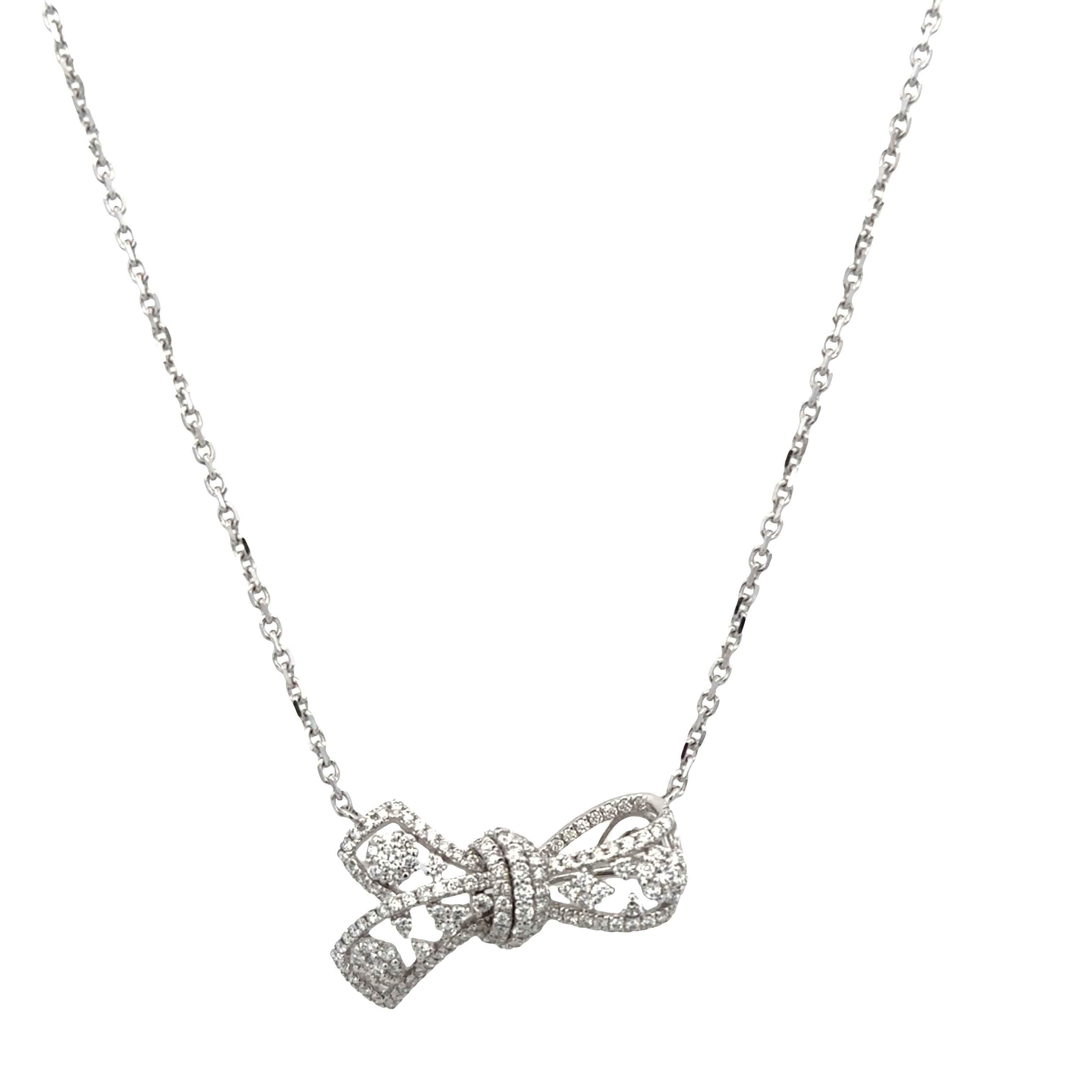 14k White Gold Diamond Openwork Bow Necklace – 18"