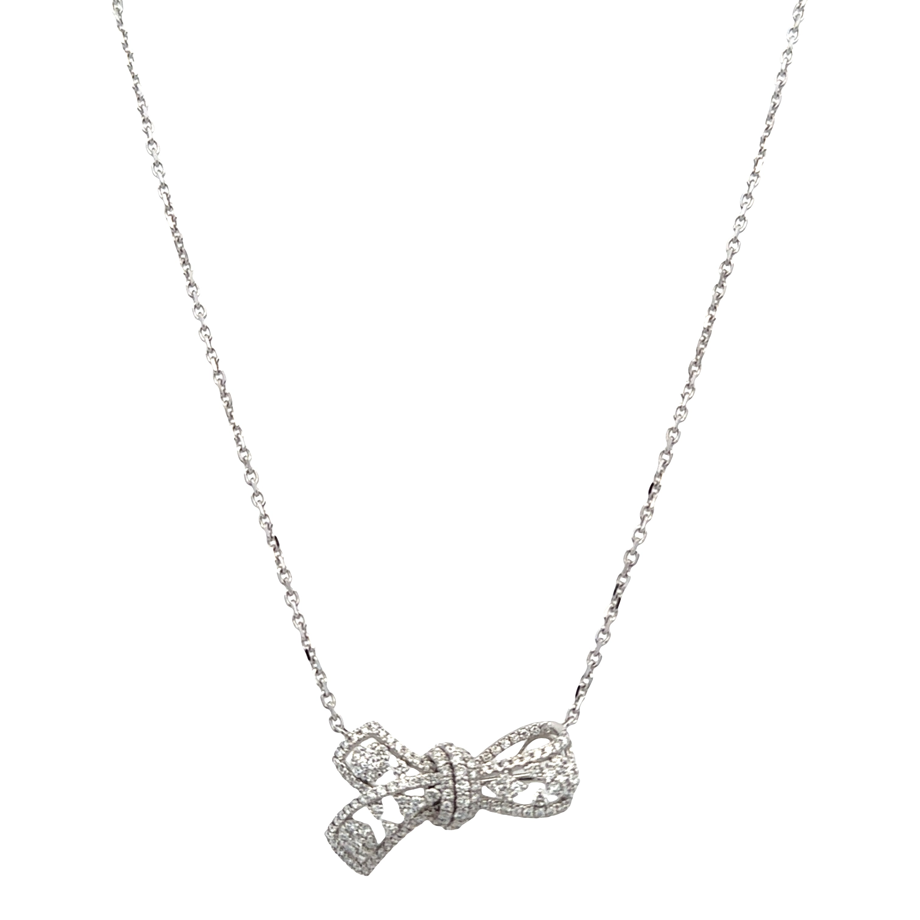 14k White Gold Diamond Openwork Bow Necklace – 18"