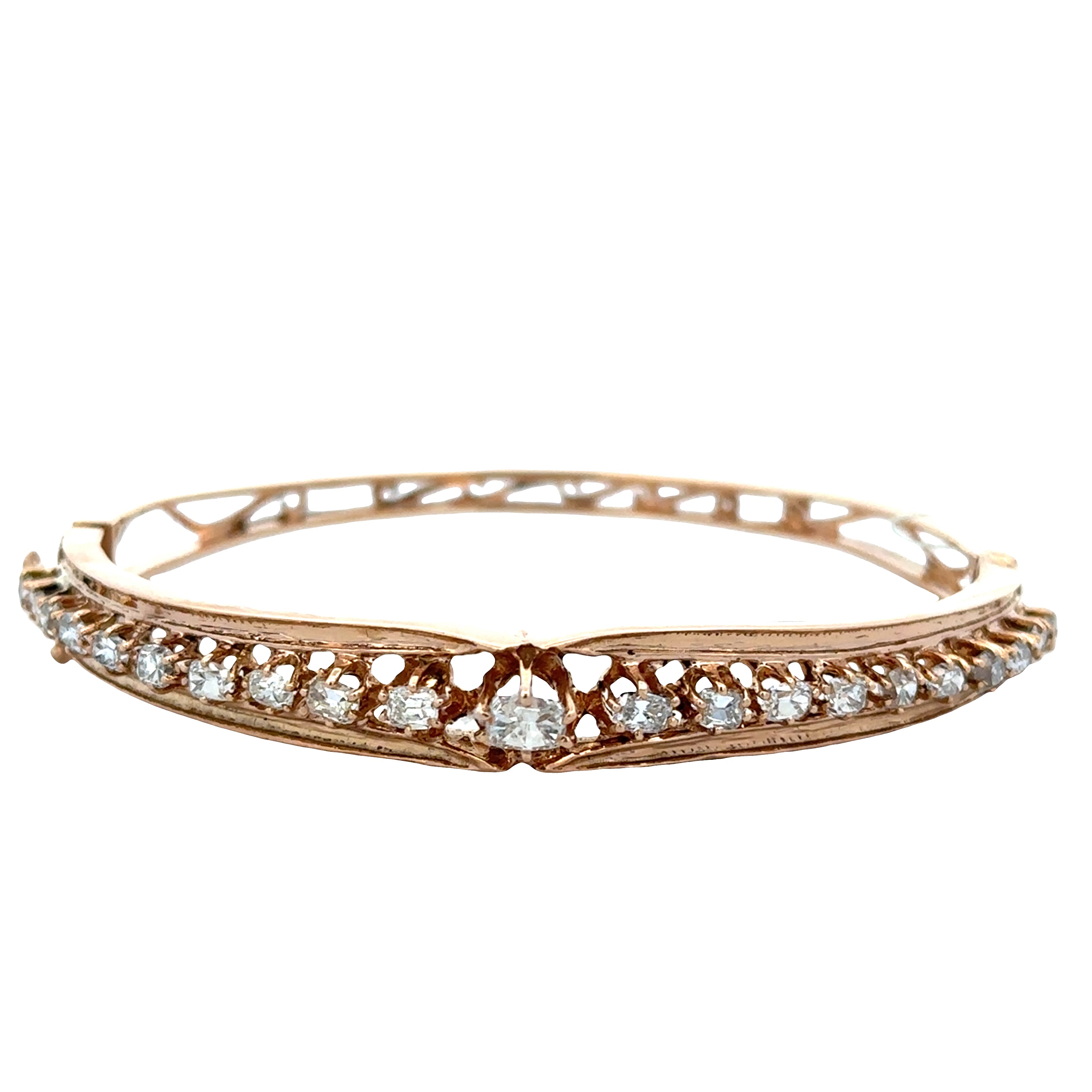 14k Yellow Gold Old Mine Cut Diamond Openwork Bangle Bracelet