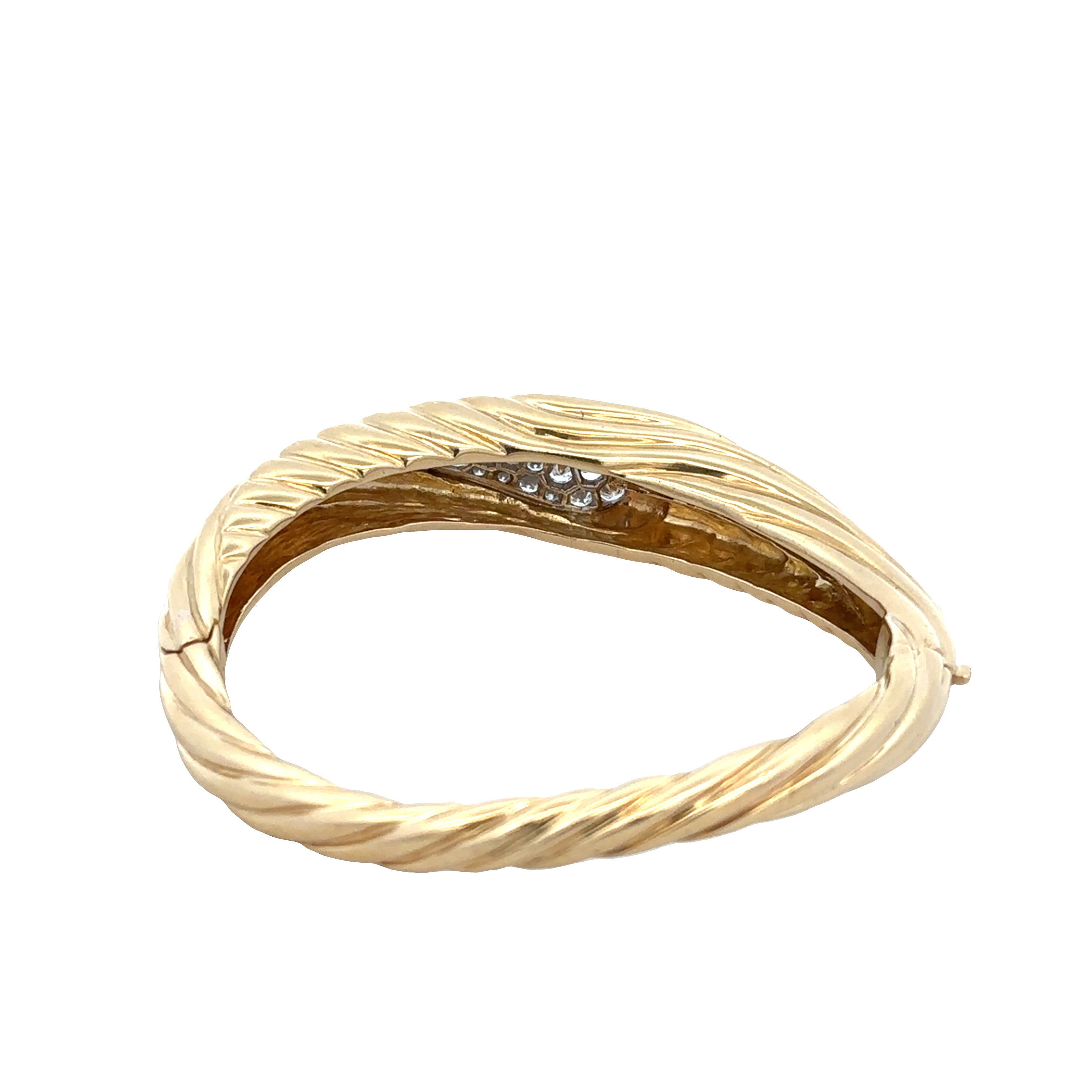 18k Yellow & White Gold Diamond Textured Bangle Bracelet – Fits 6"–6.5" Wrist