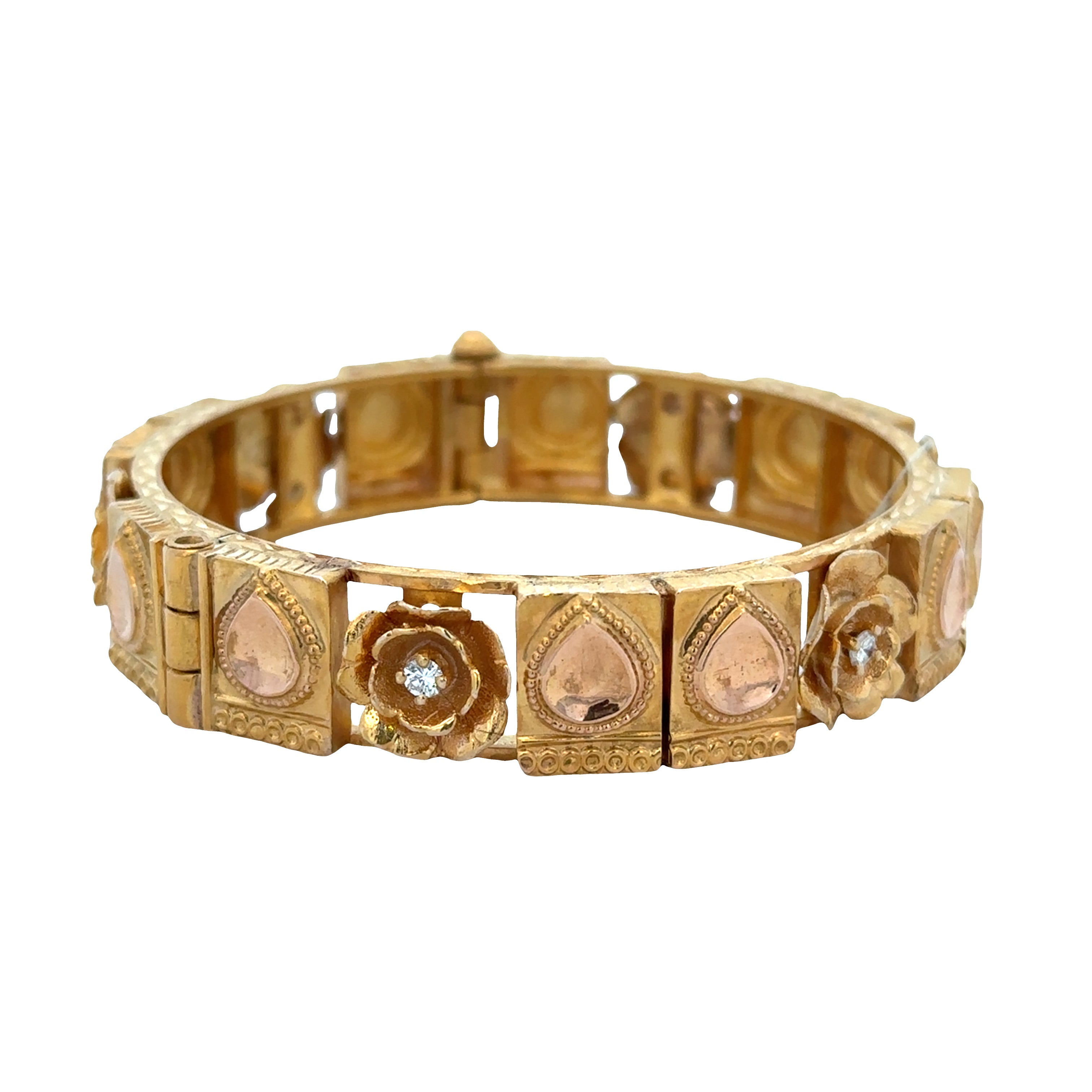 Vintage Indian 18k Yellow Gold Diamond Florette Bangle Bracelet