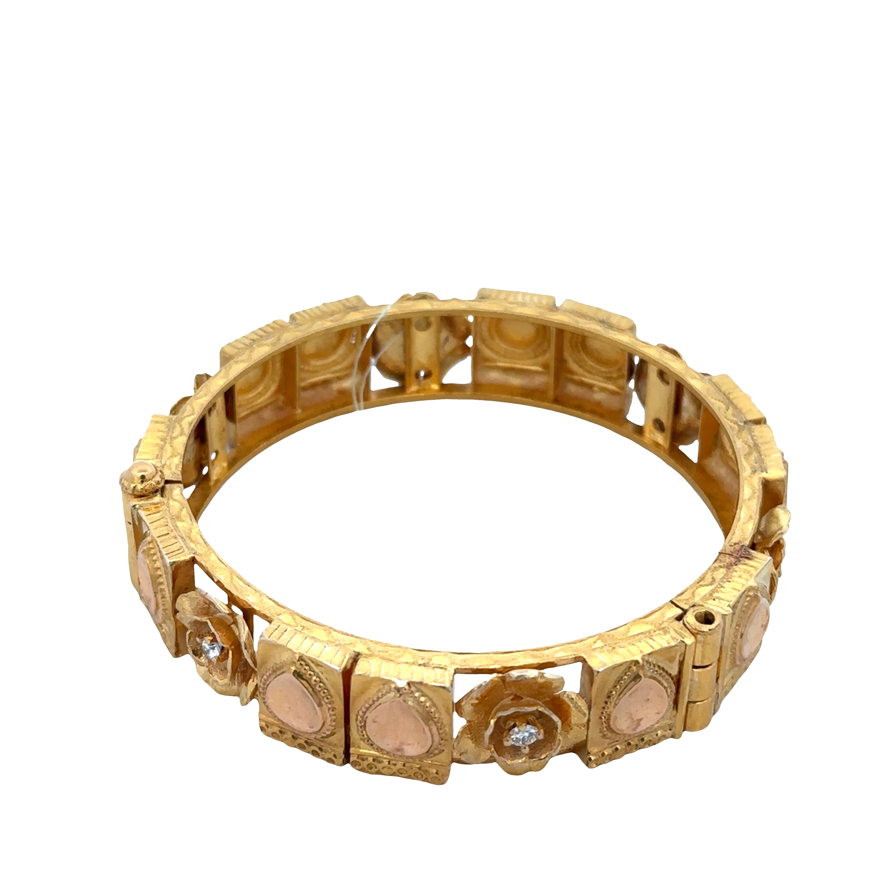Vintage Indian 18k Yellow Gold Diamond Florette Bangle Bracelet