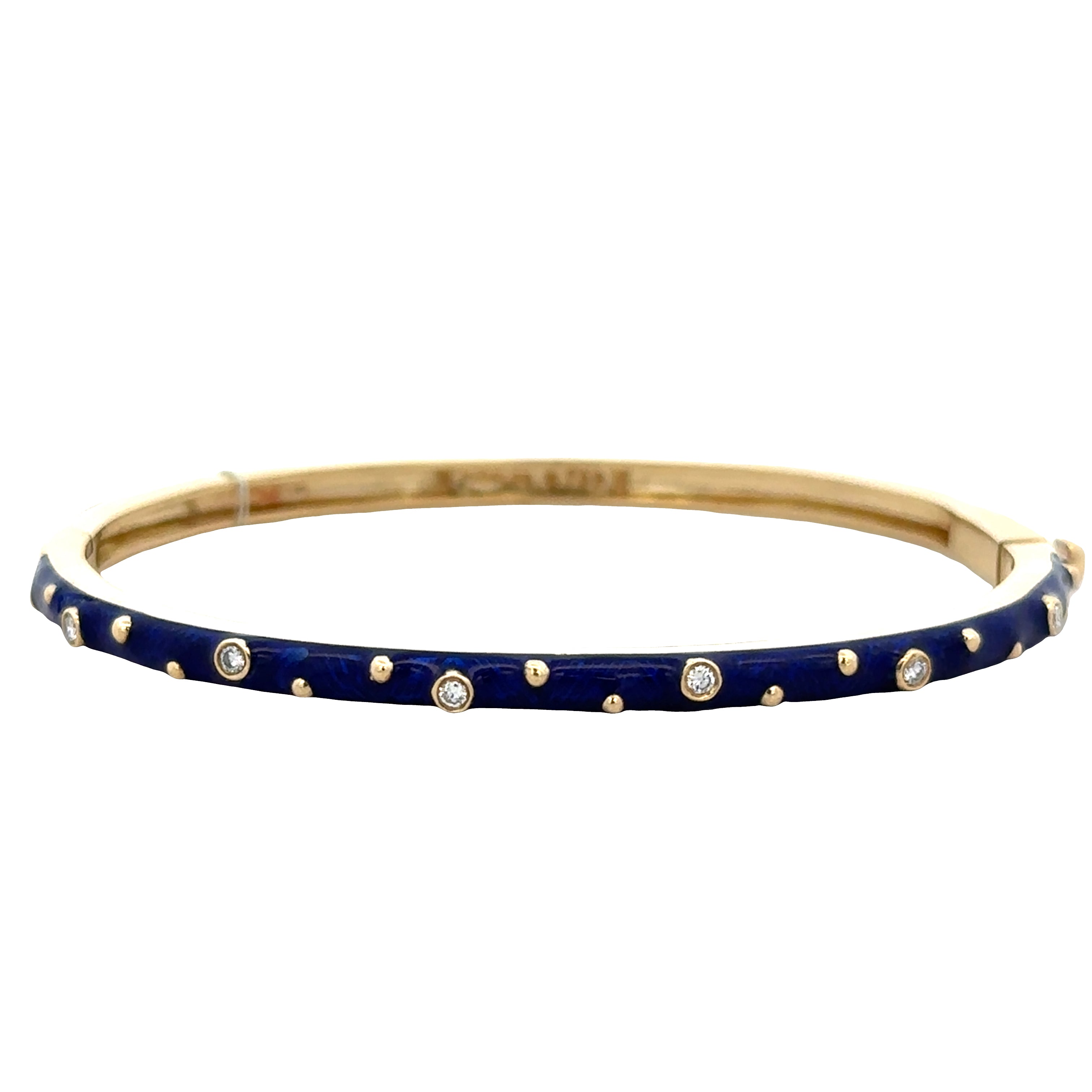 Estate Hidalgo 18k Yellow Gold Diamond & Blue Enamel Hinged Bangle Bracelet