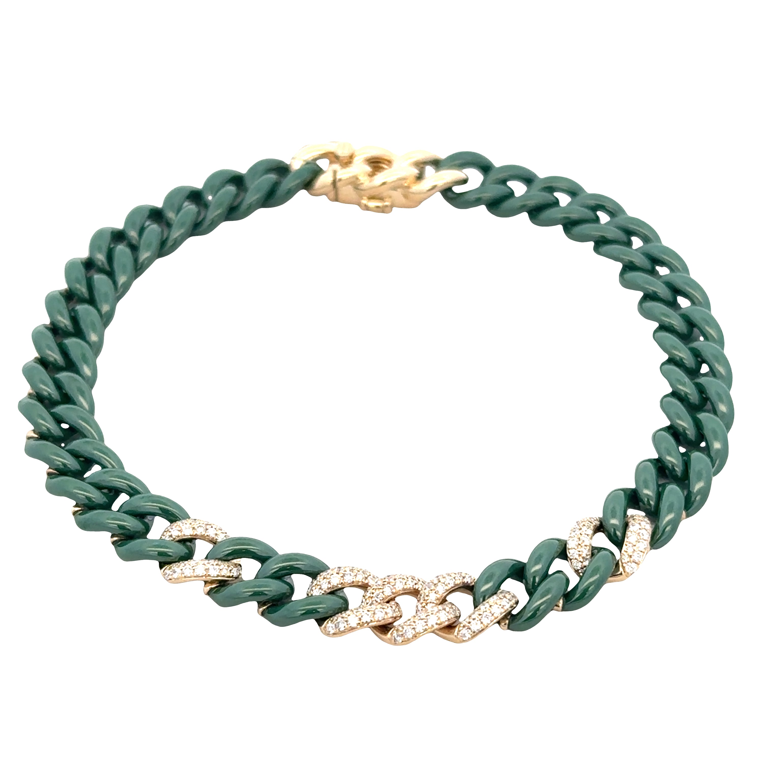 14k Yellow Gold, Green Ceramic & Diamond Curb Link Bracelet – 8"