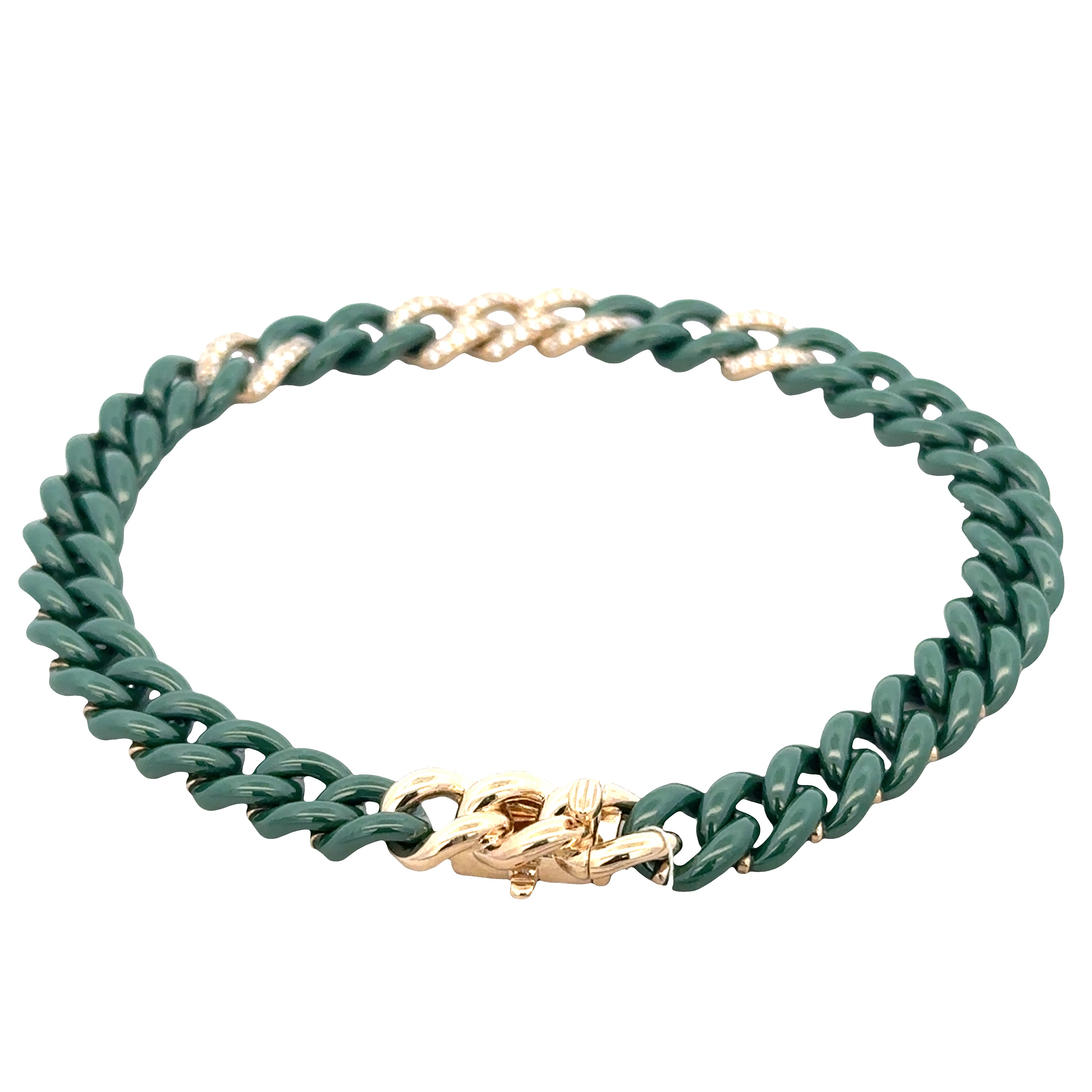14k Yellow Gold, Green Ceramic & Diamond Curb Link Bracelet – 8"