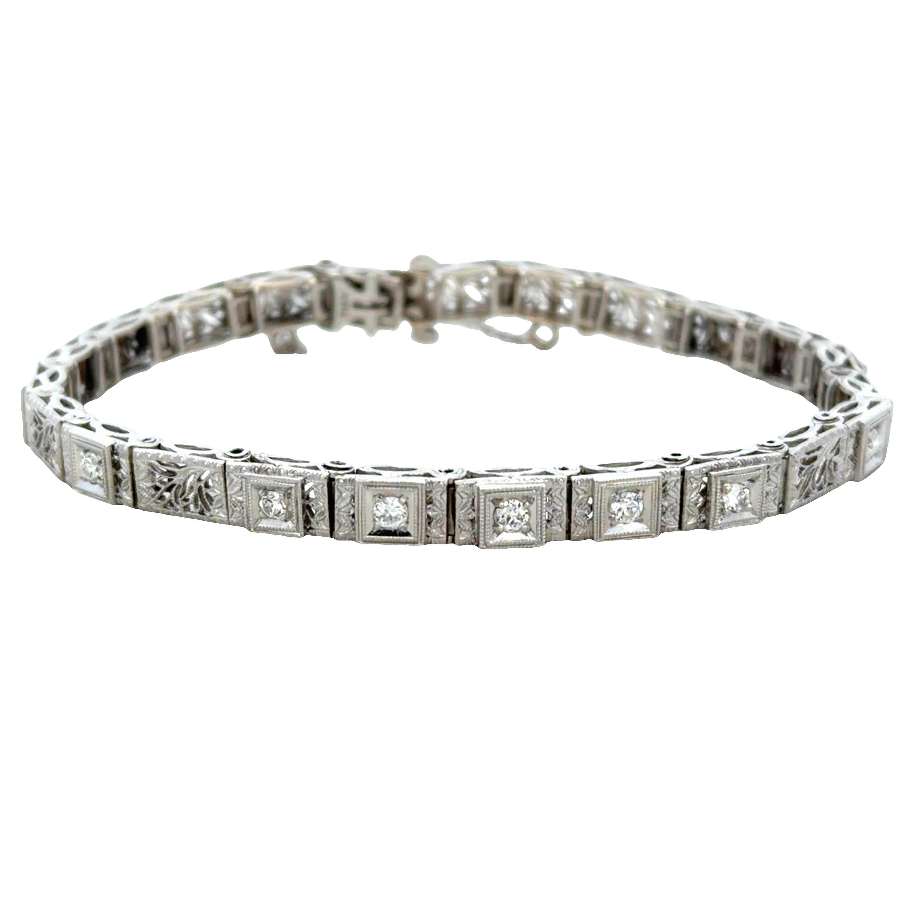 Vintage Art Deco 14k White Gold Old European Cut Diamond Filigree Panel Bracelet – 7"