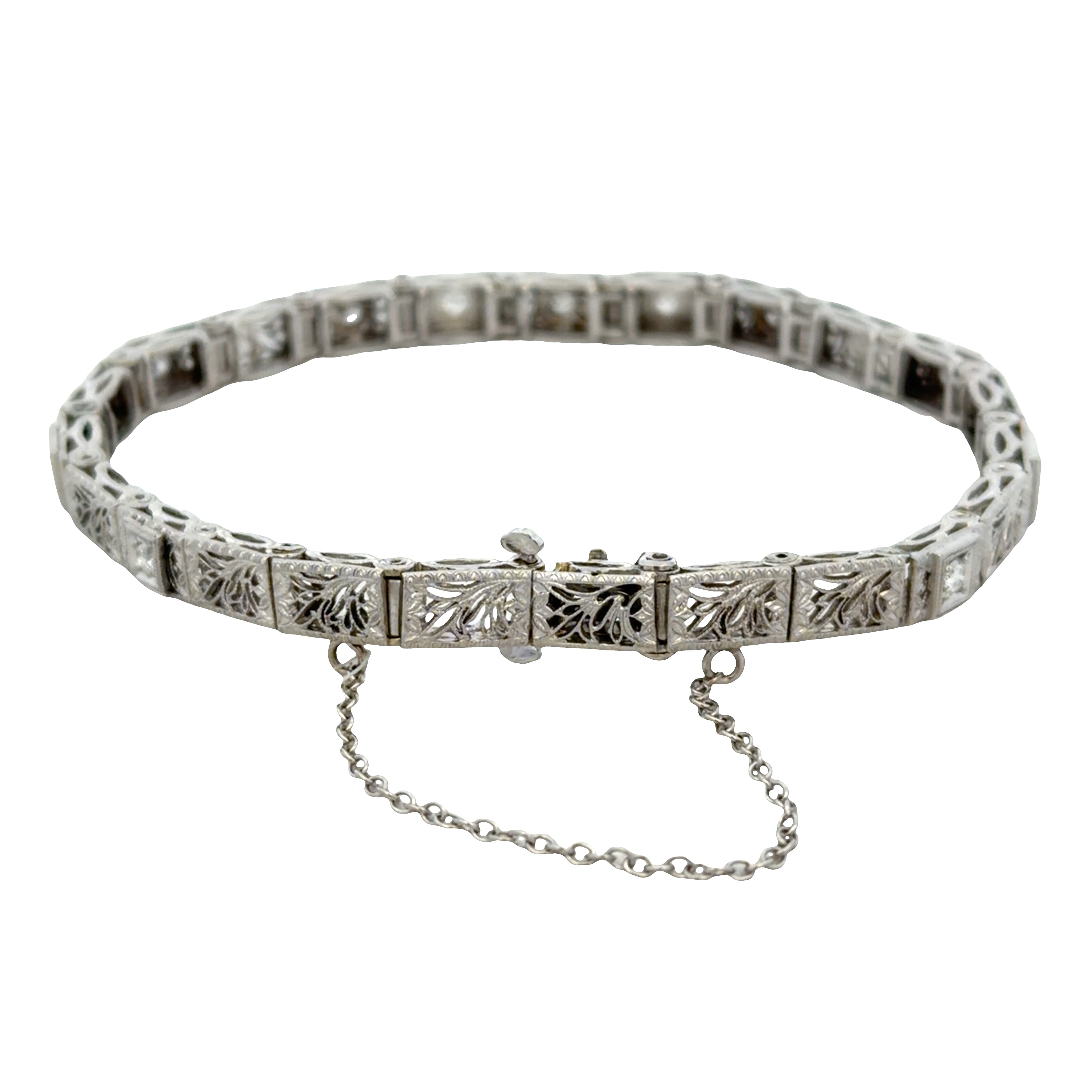Vintage Art Deco 14k White Gold Old European Cut Diamond Filigree Panel Bracelet – 7"