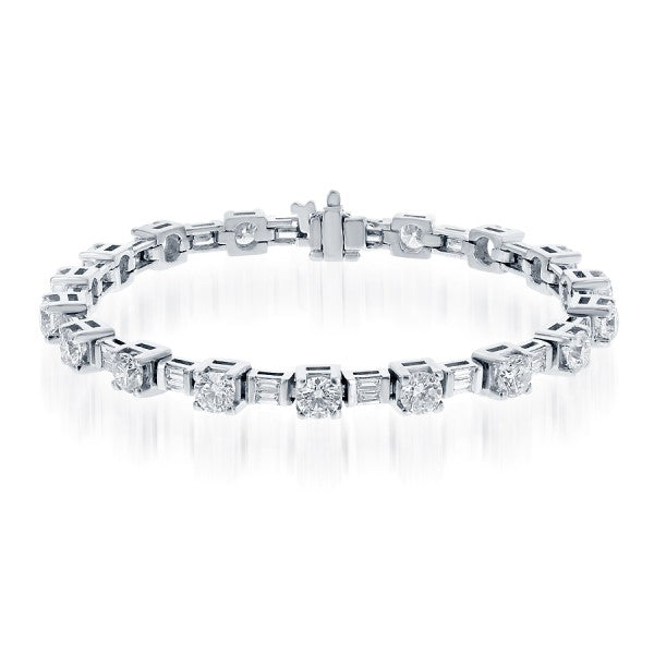 14k White Gold Round & Baguette Diamond Bracelet – 7"