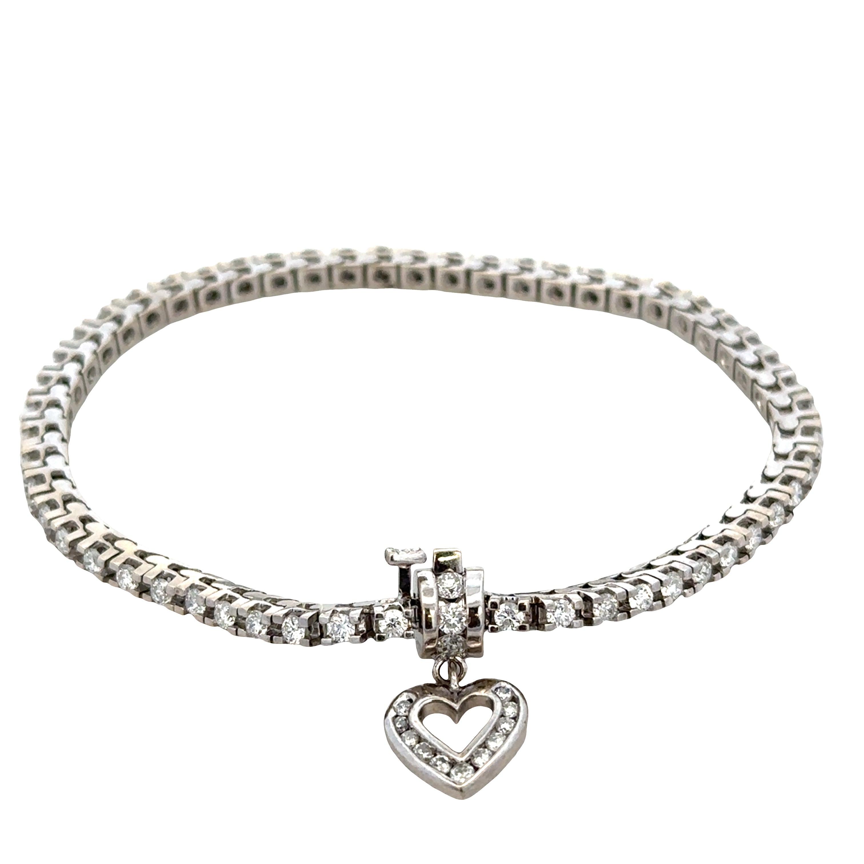 14k White Gold Diamond Tennis Bracelet with Diamond Heart Charm – 7"