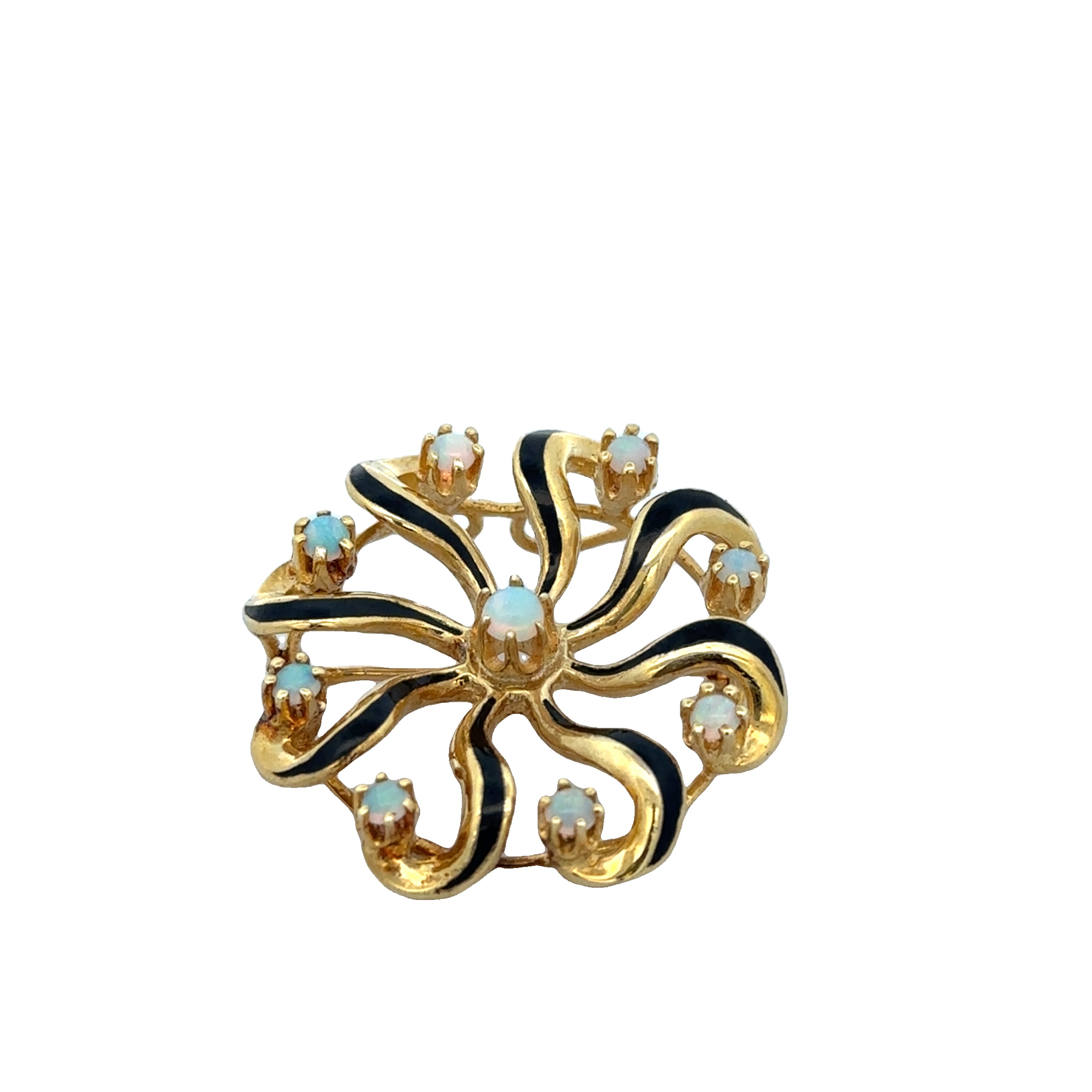 Vintage Mid-Century Opal and Black Enamel Pinwheel Style Brooch in Yellow Gold