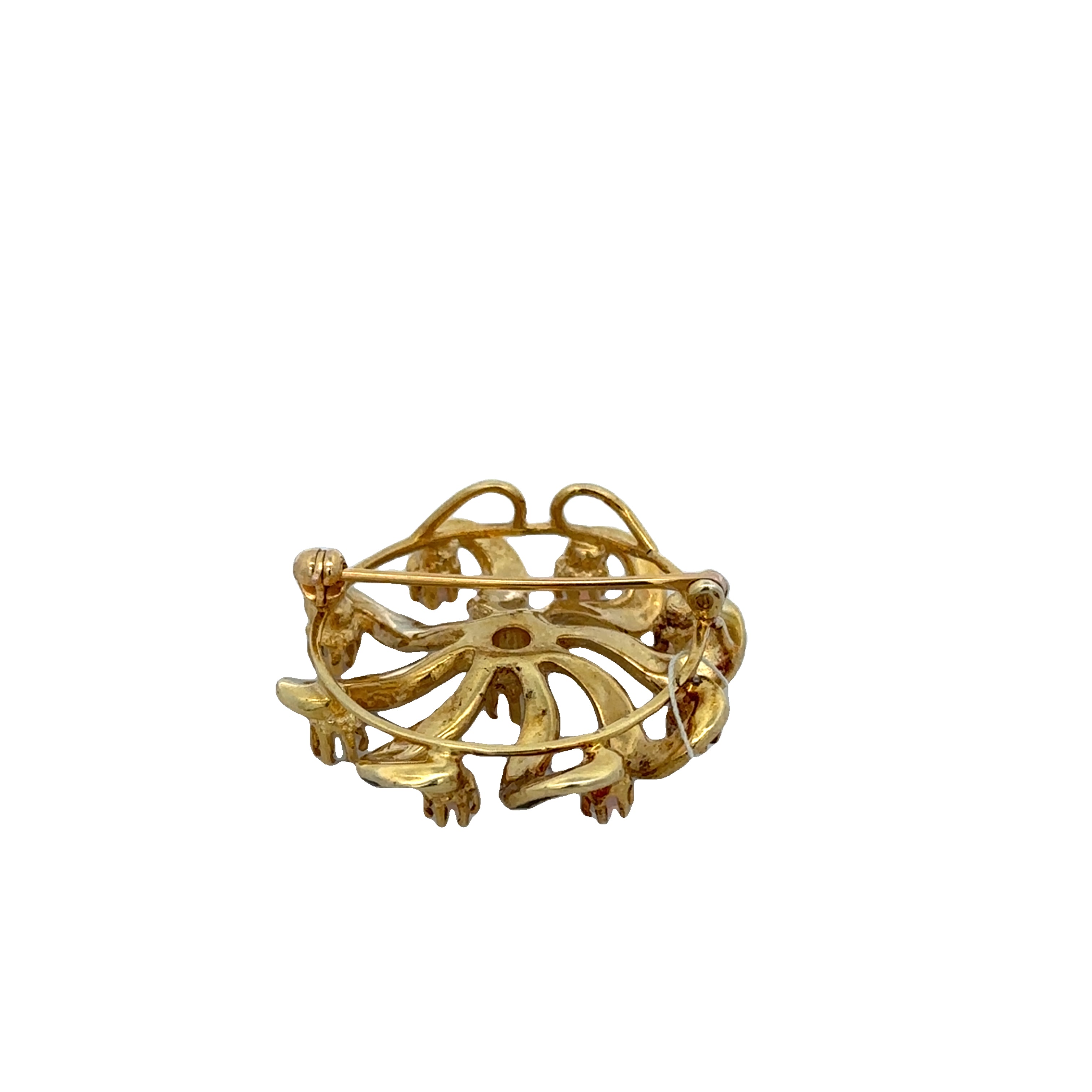 Vintage Mid-Century Opal and Black Enamel Pinwheel Style Brooch in Yellow Gold