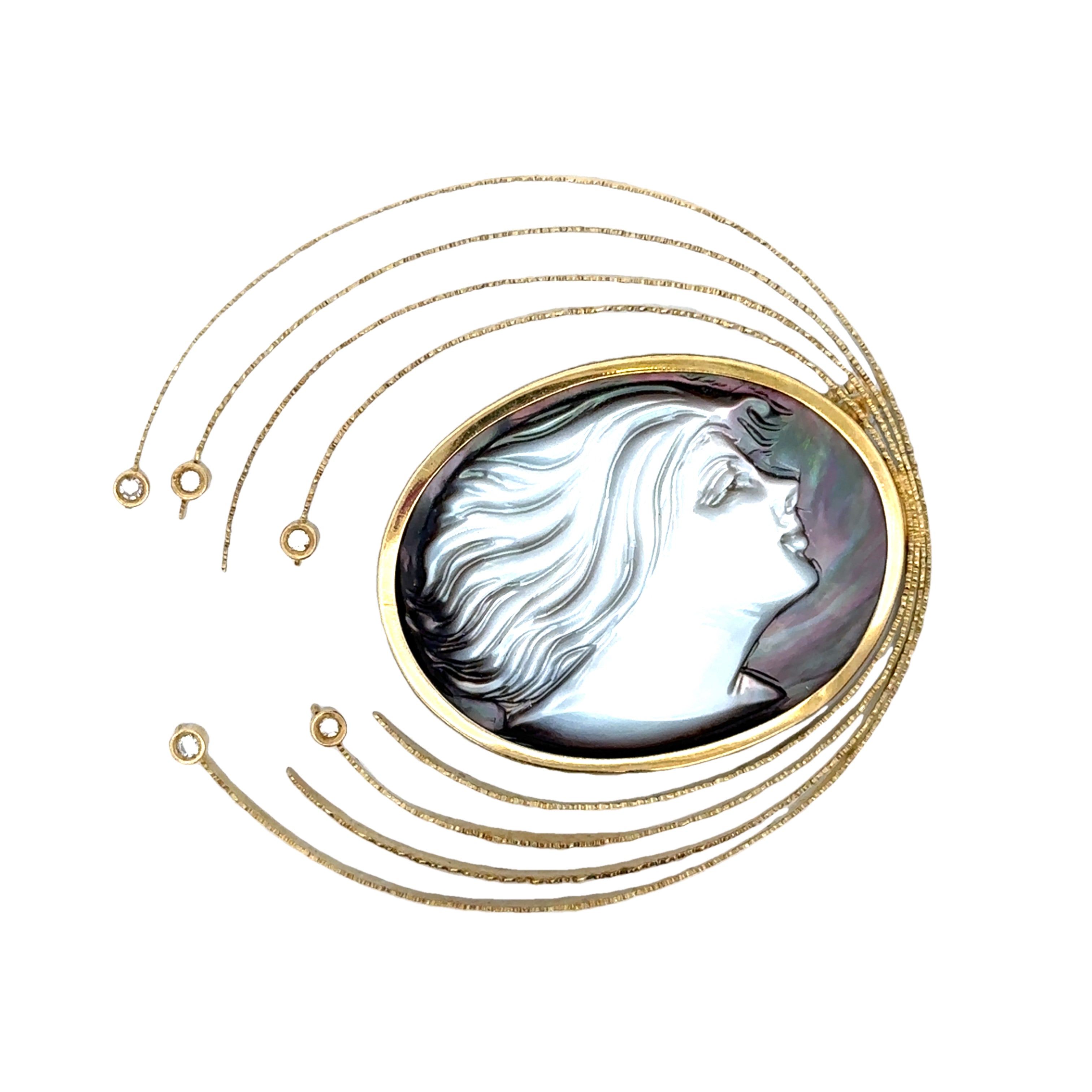 Unique Vintage Italian Mother of Pearl Cameo and Diamond Brooch in 18k Yellow Gold