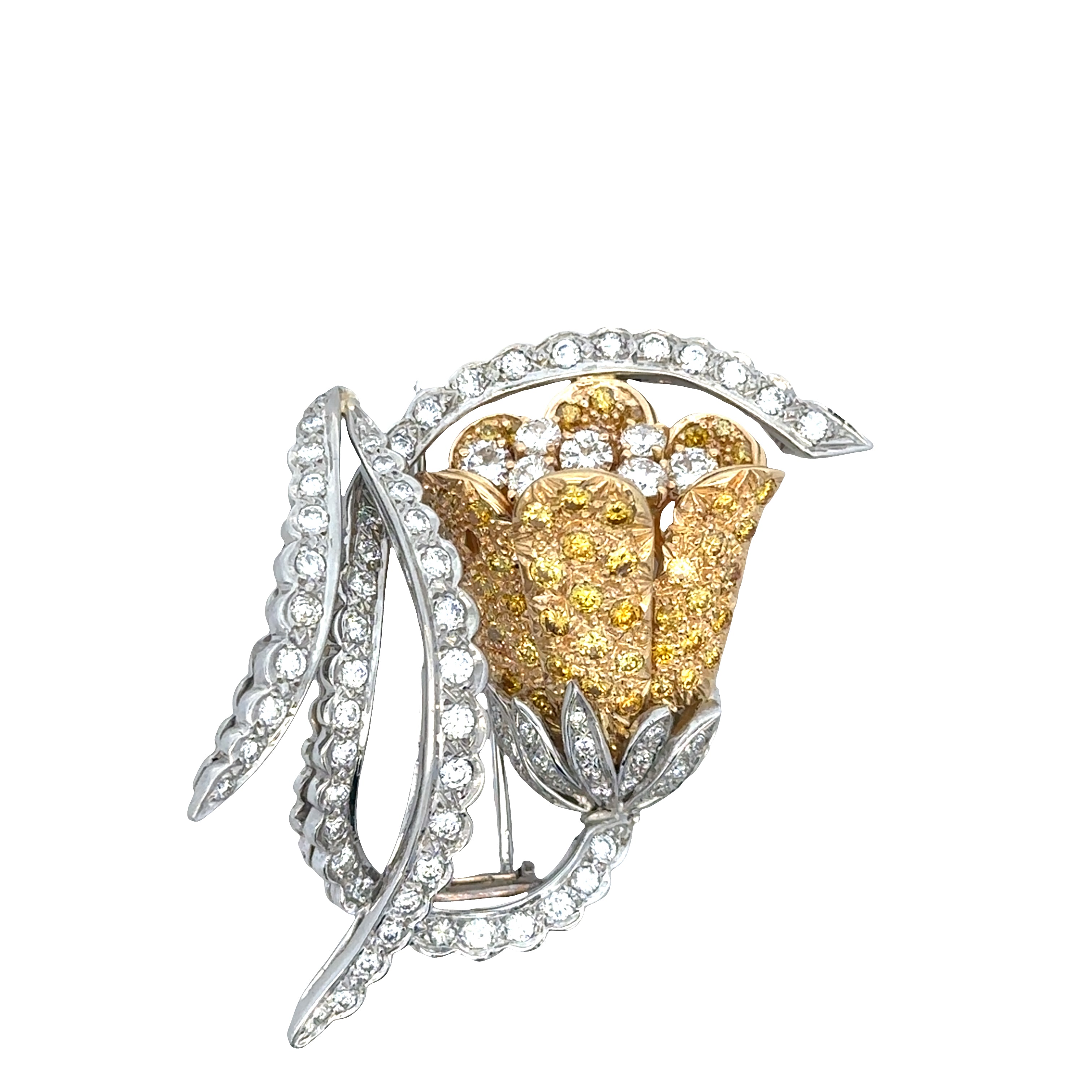 Estate Elan Platinum & 18k Yellow Gold Diamond Floral Brooch – Circa 1980s