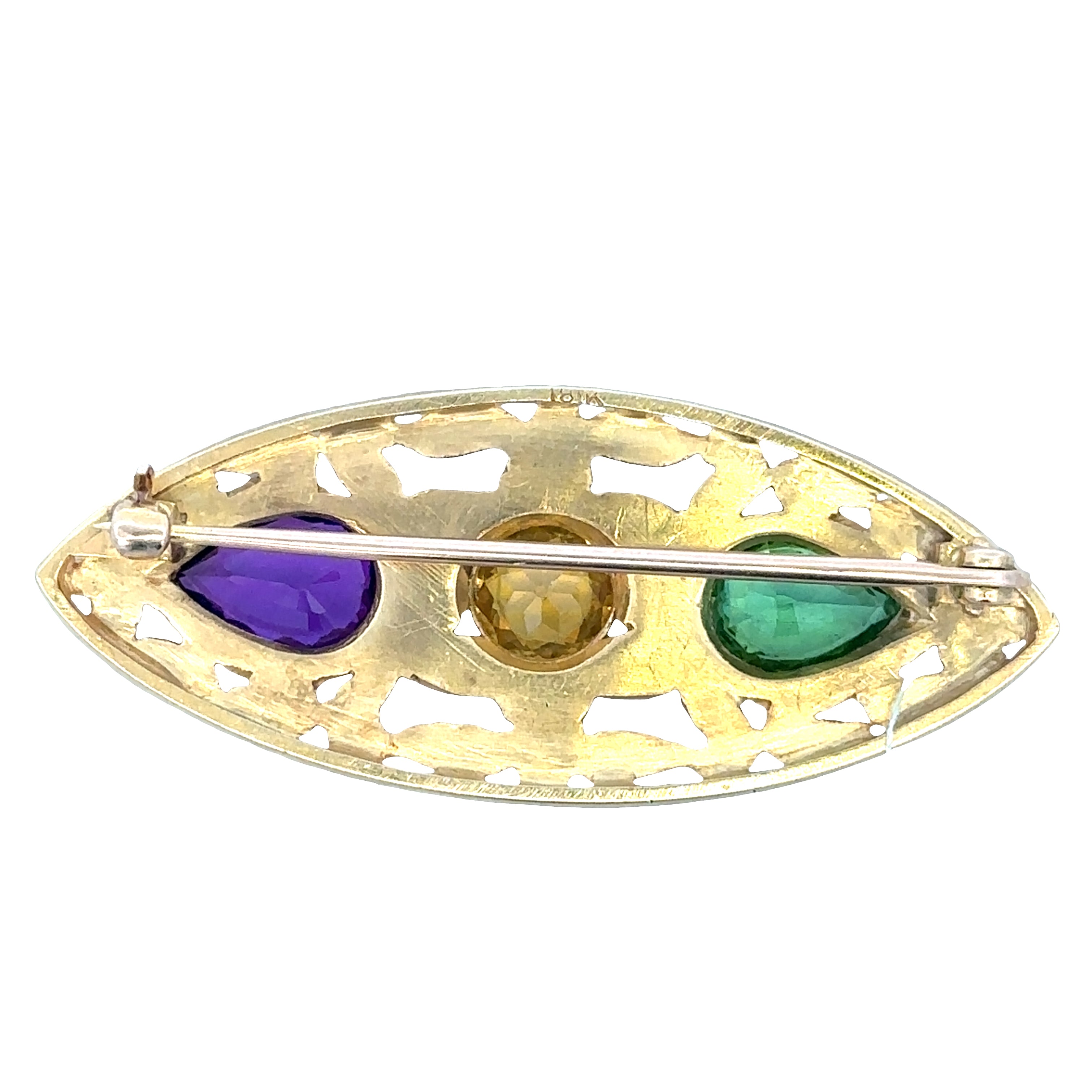 Vintage 18k Yellow Gold Navette Brooch with Amethyst, Green Tourmaline & Zircon