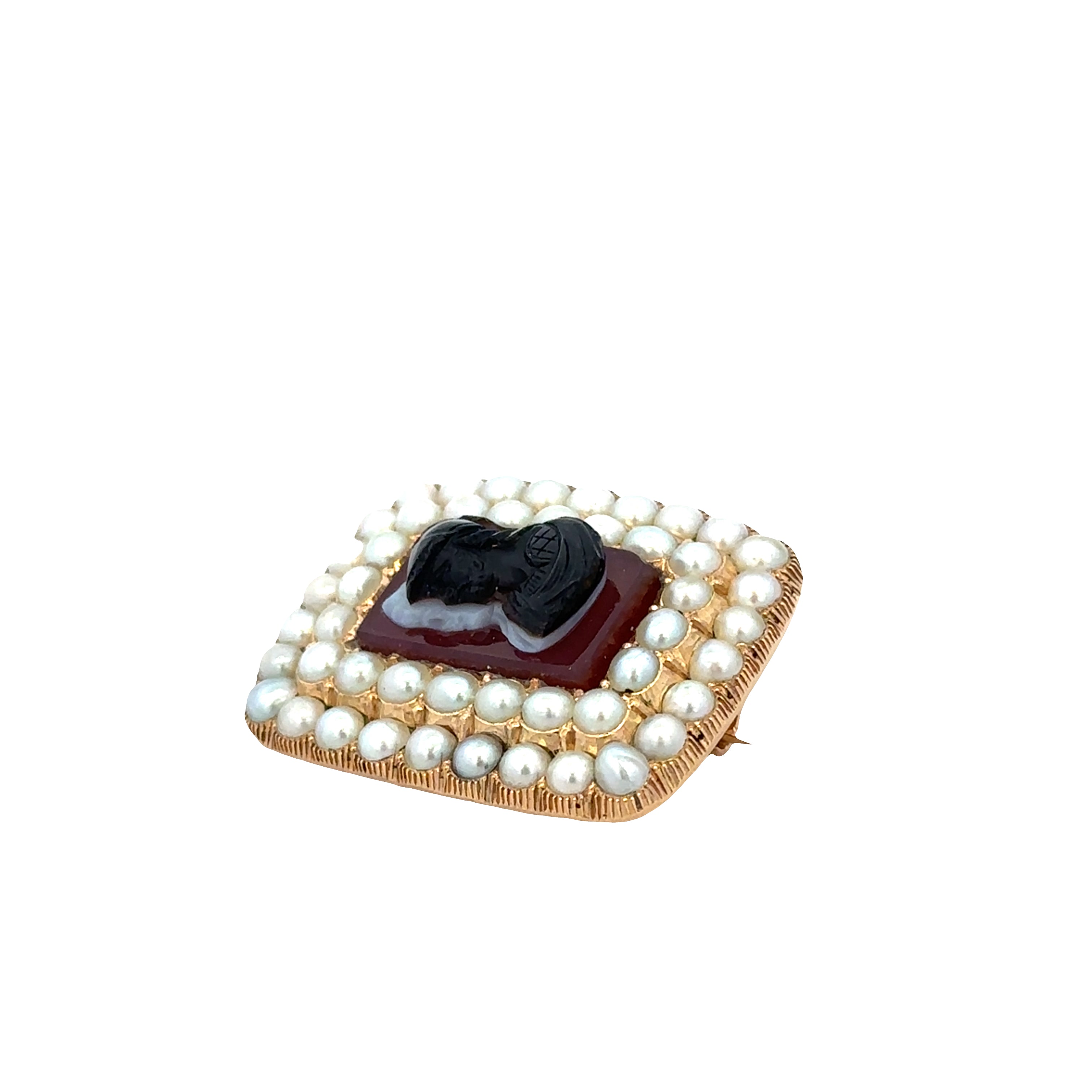 Antique Georgian/Victorian 14k Yellow Gold Carnelian Cameo & Pearl Brooch