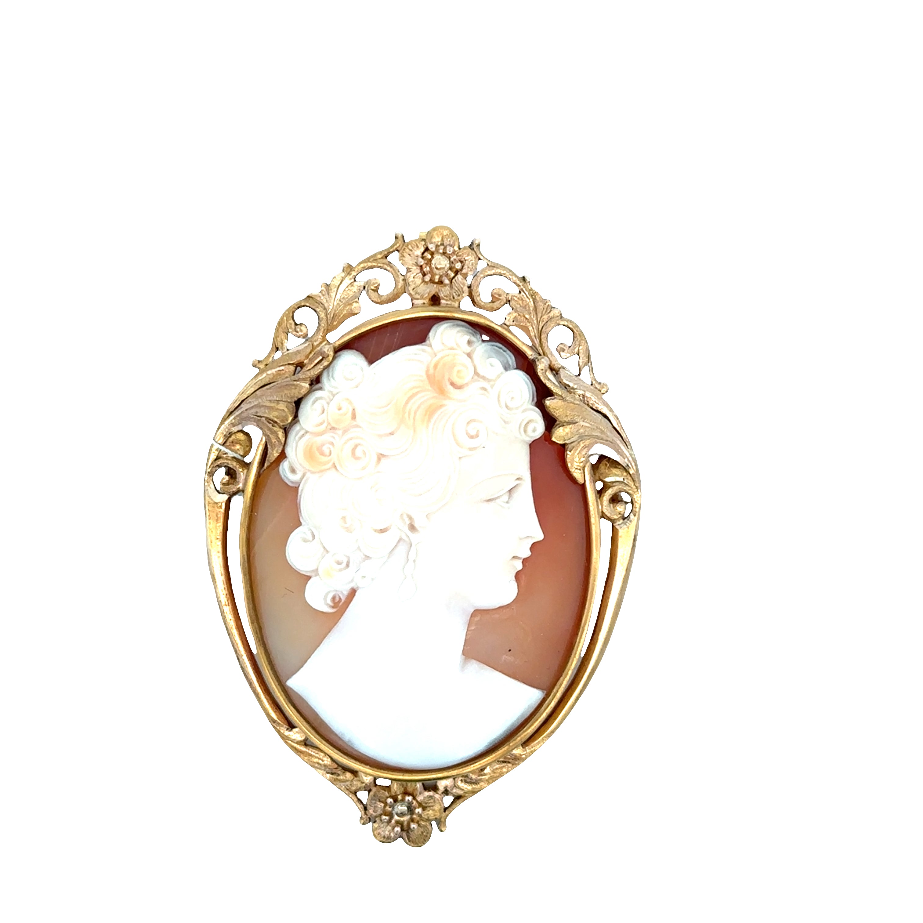 Vintage Mid-Century 14k Yellow Gold Shell Cameo Brooch