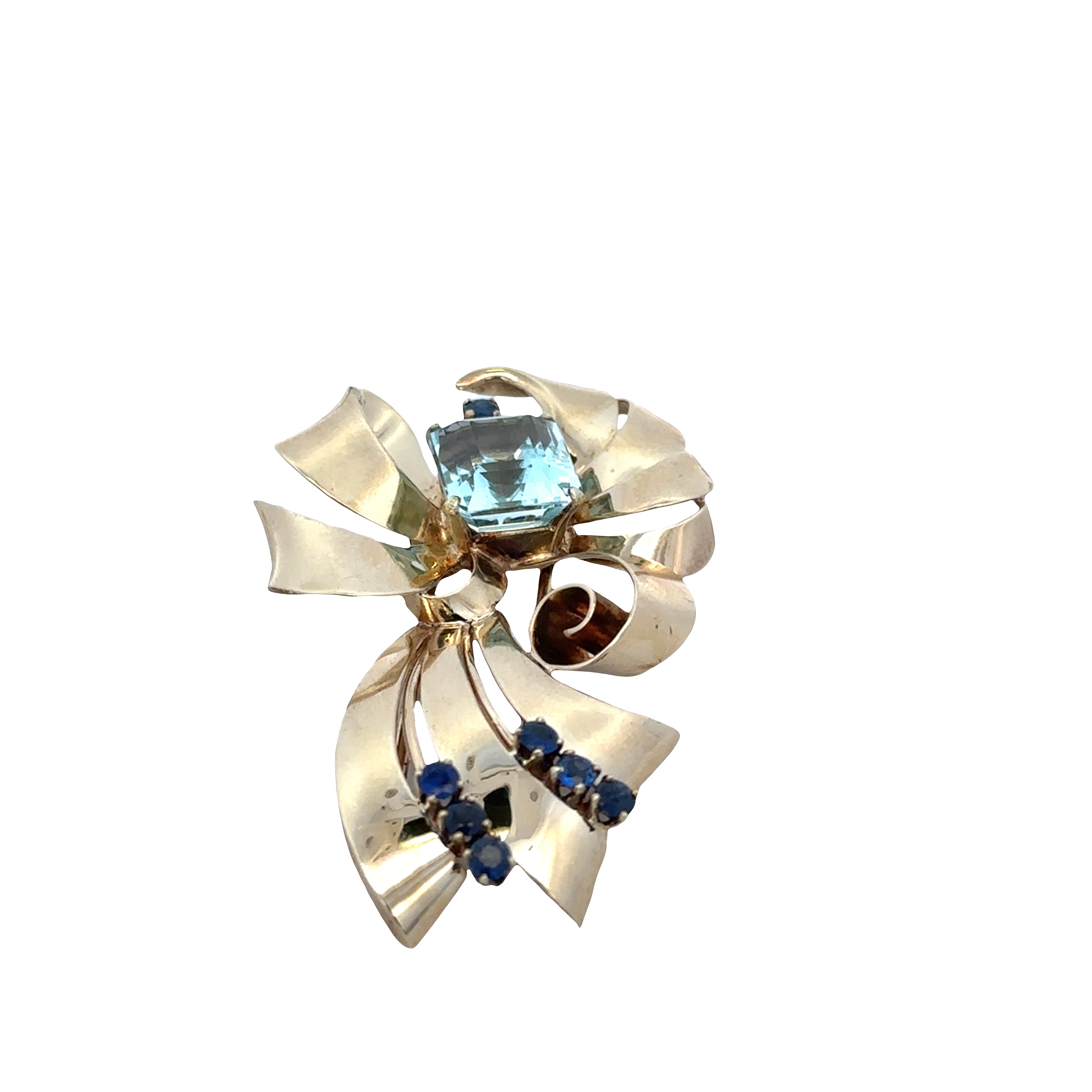Vintage Tiffany & Co. Retro 14k Yellow Gold Aquamarine & Sapphire Brooch