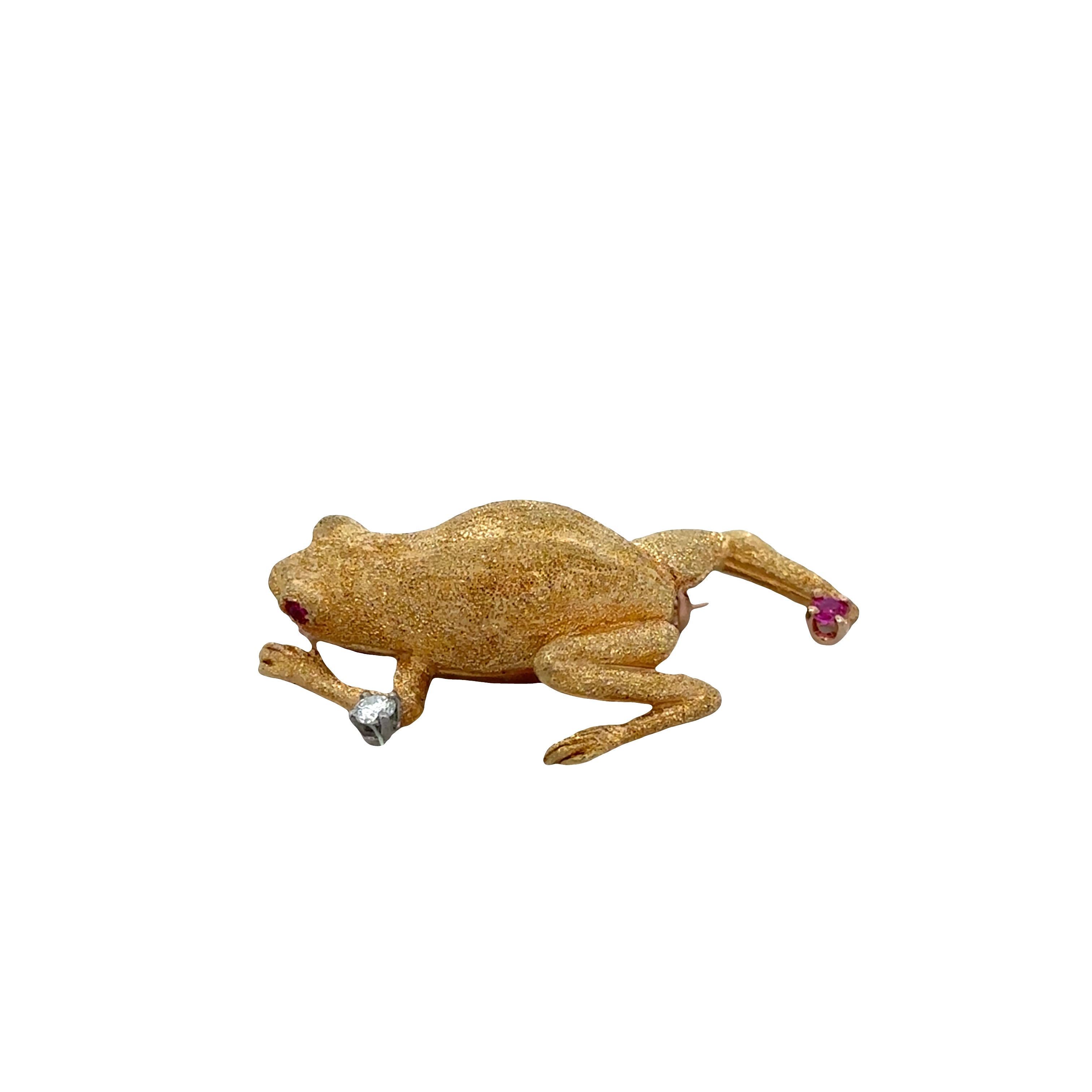 18k Yellow Gold Textured Frog Brooch with Ruby & Diamond Accents