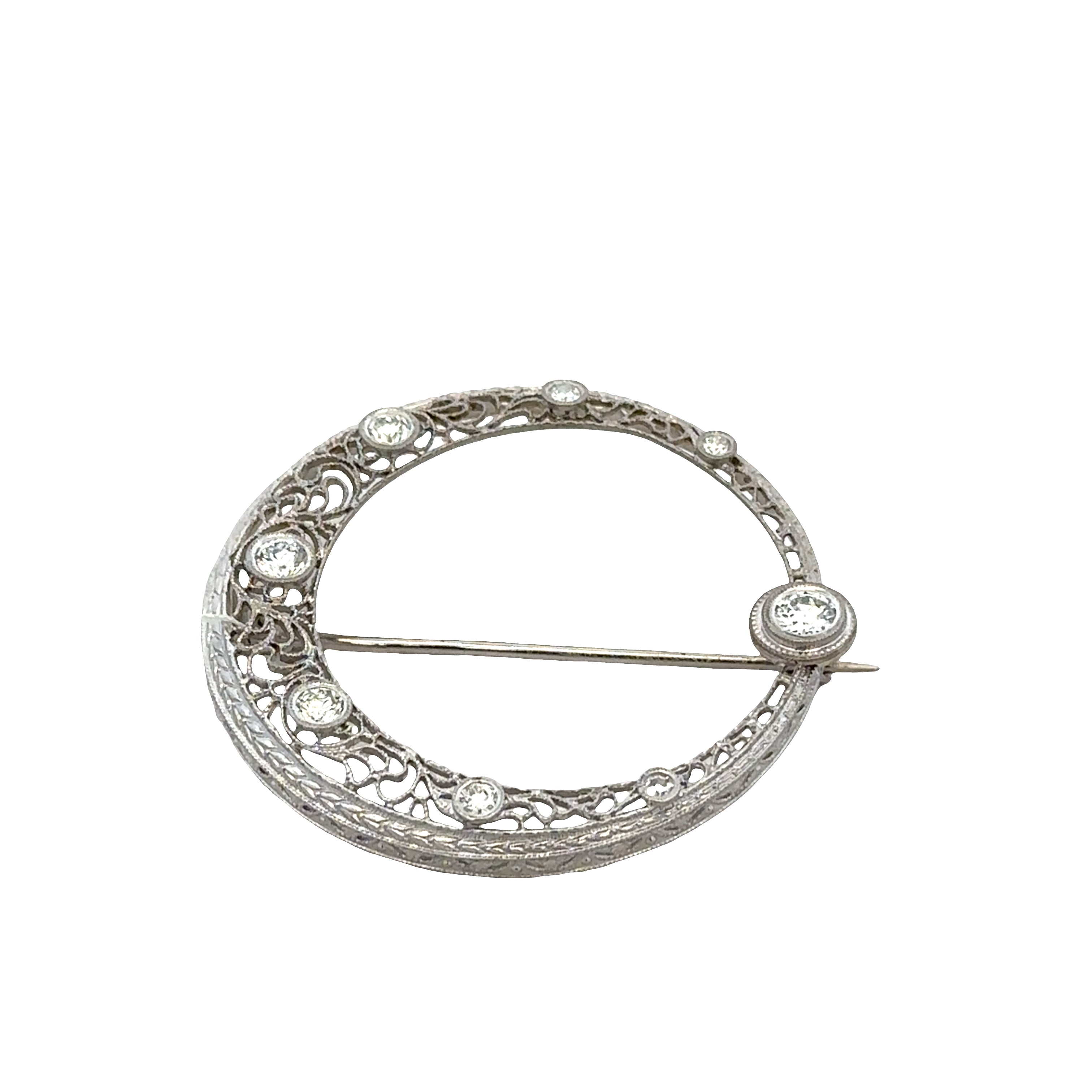 Antique Edwardian / Art Deco Platinum & 14k White Gold Diamond Crescent Brooch – Circa 1910s–1920s