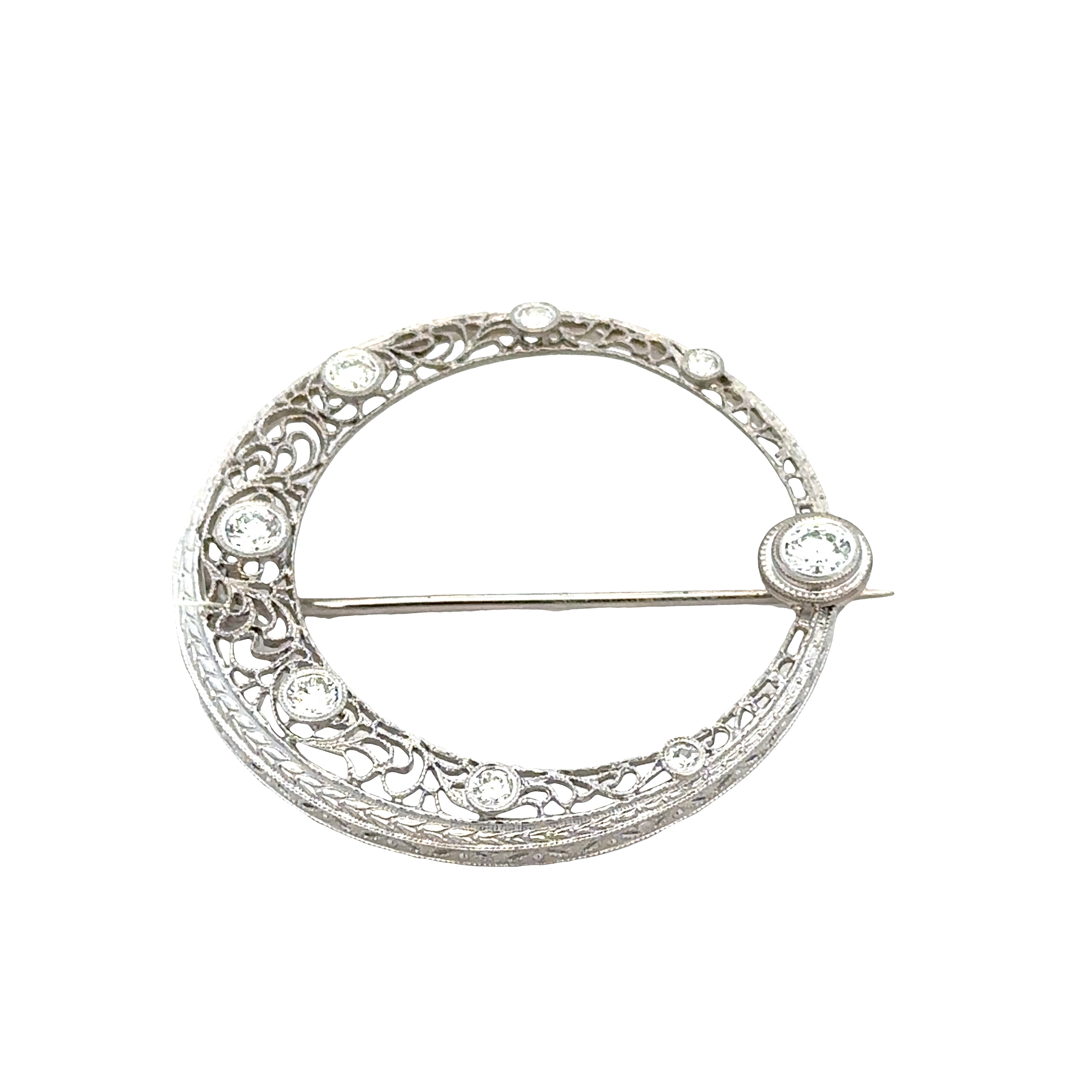 Antique Edwardian / Art Deco Platinum & 14k White Gold Diamond Crescent Brooch – Circa 1910s–1920s