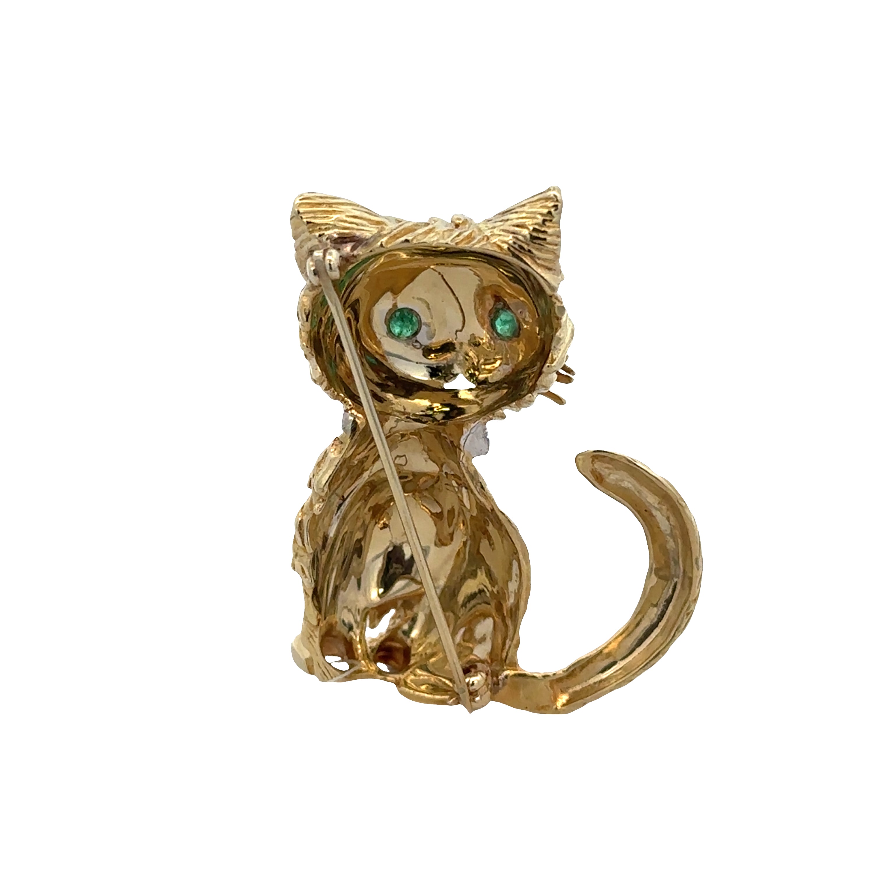 18k Yellow Gold Diamond & Emerald Cat Brooch