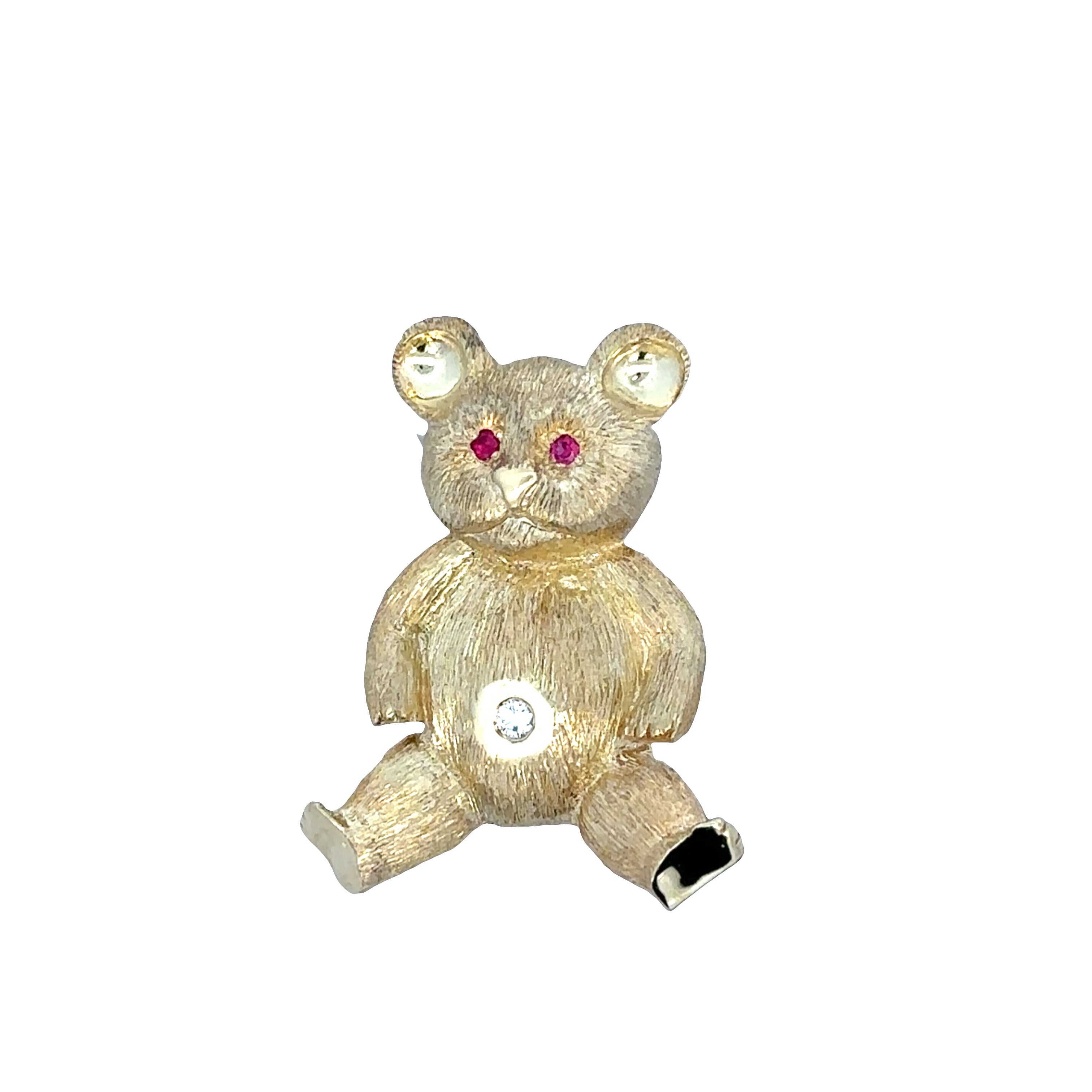 Vintage 18k Yellow Gold Ruby & Diamond Teddy Bear Brooch