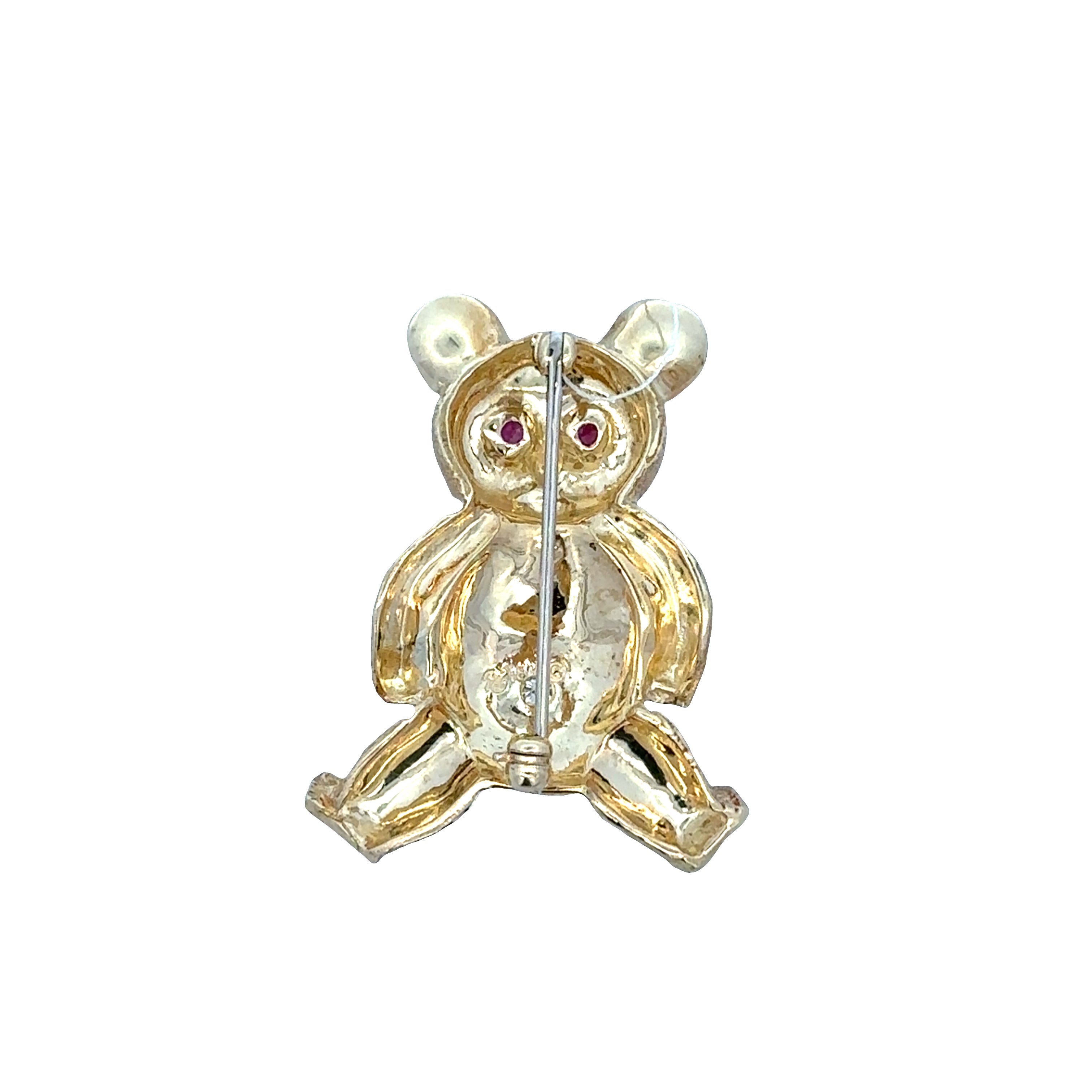 Vintage 18k Yellow Gold Ruby & Diamond Teddy Bear Brooch