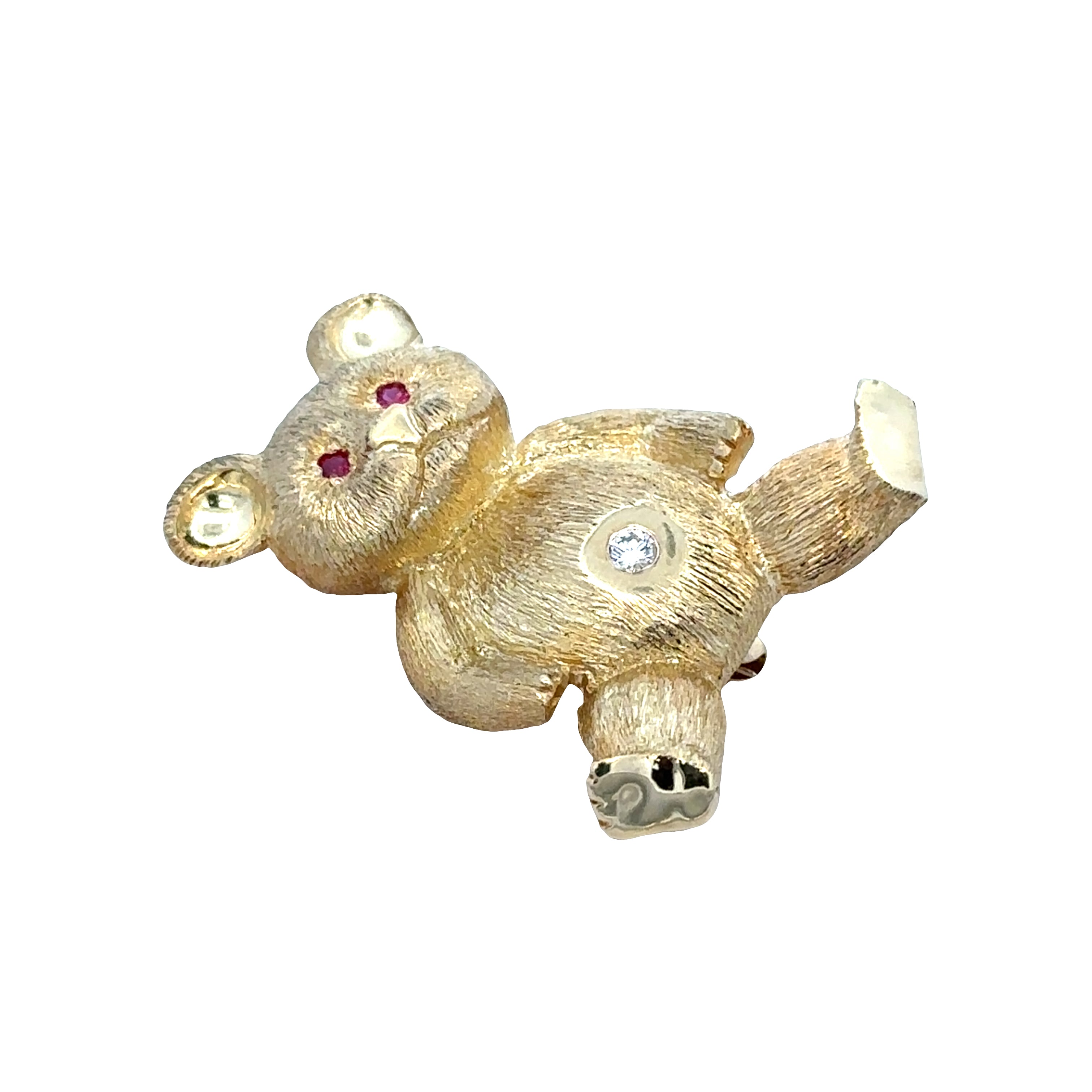 Vintage 18k Yellow Gold Ruby & Diamond Teddy Bear Brooch