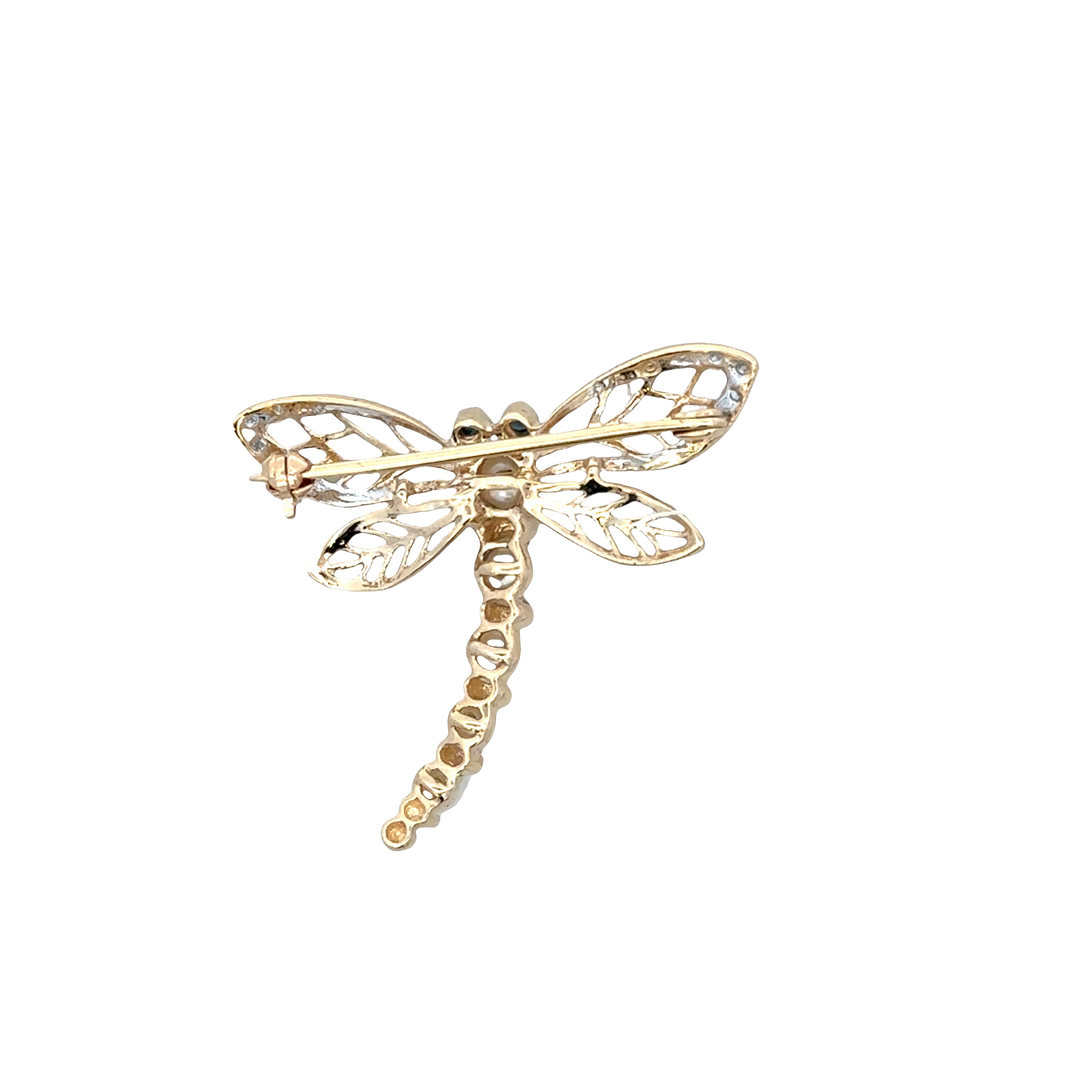 Vintage 14k Yellow & White Gold Pearl, Diamond & Sapphire Dragonfly Brooch