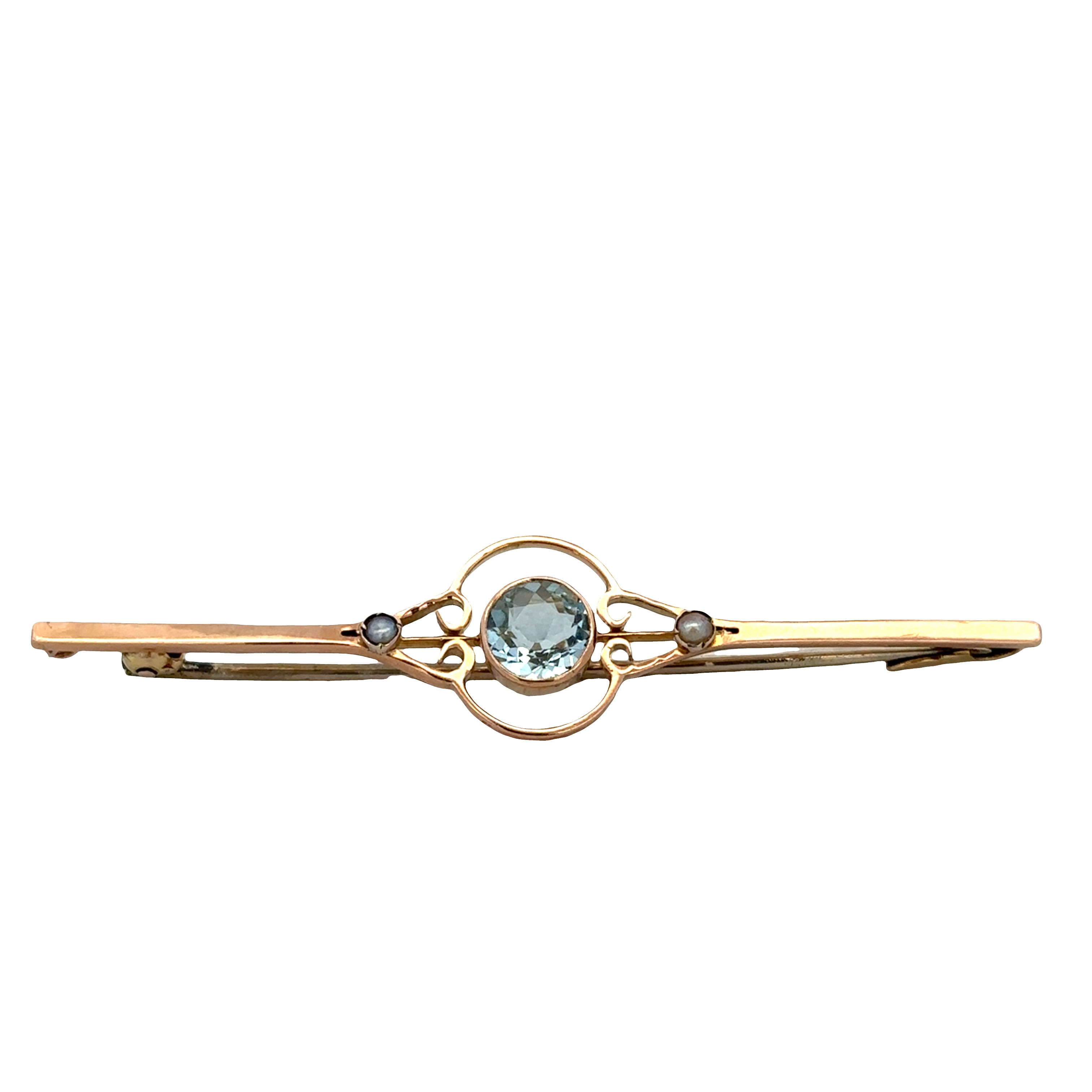 Antique Edwardian 15k Rose Gold Aquamarine & Seed Pearl Bar Pin Circa 1910s