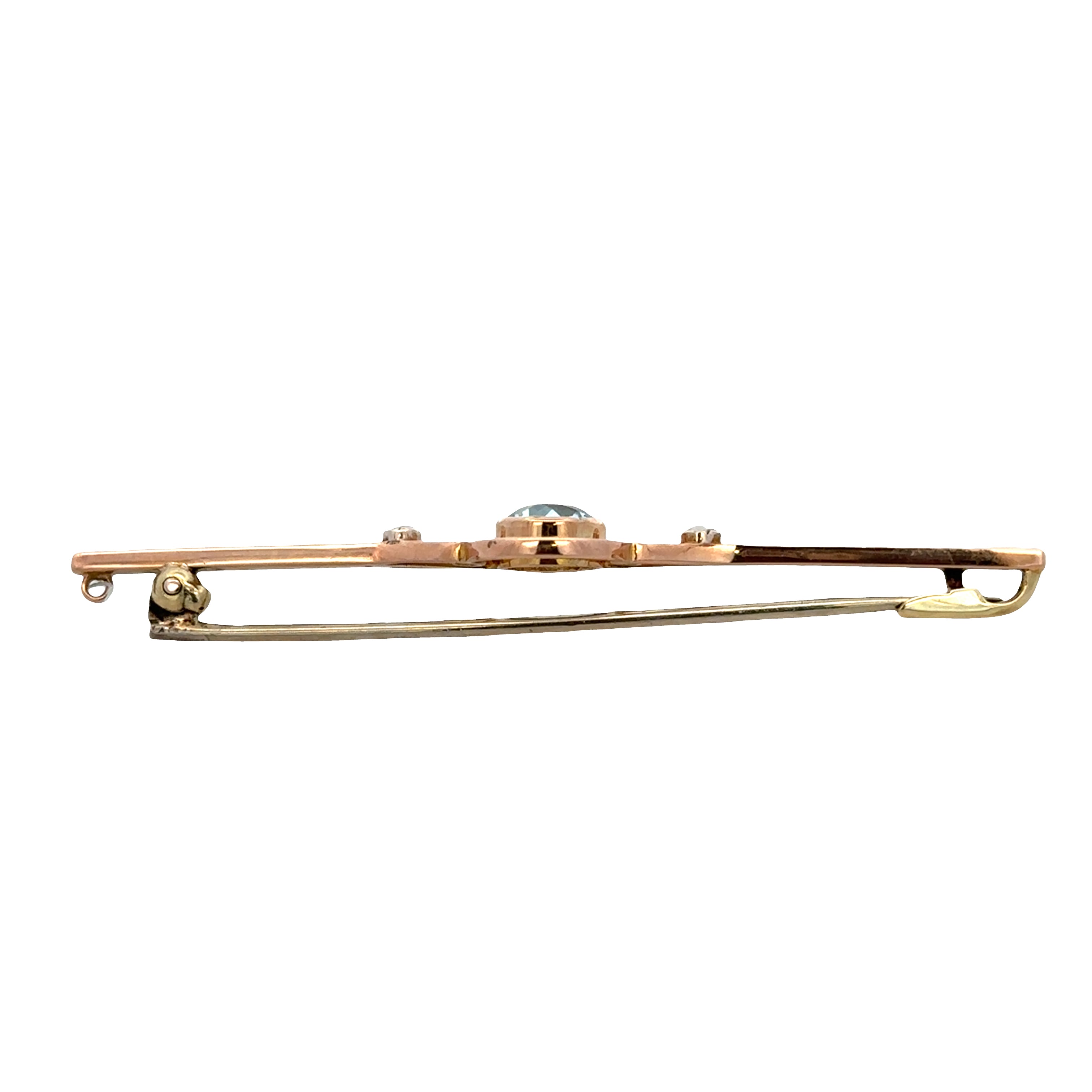 Antique Edwardian 15k Rose Gold Aquamarine & Seed Pearl Bar Pin Circa 1910s