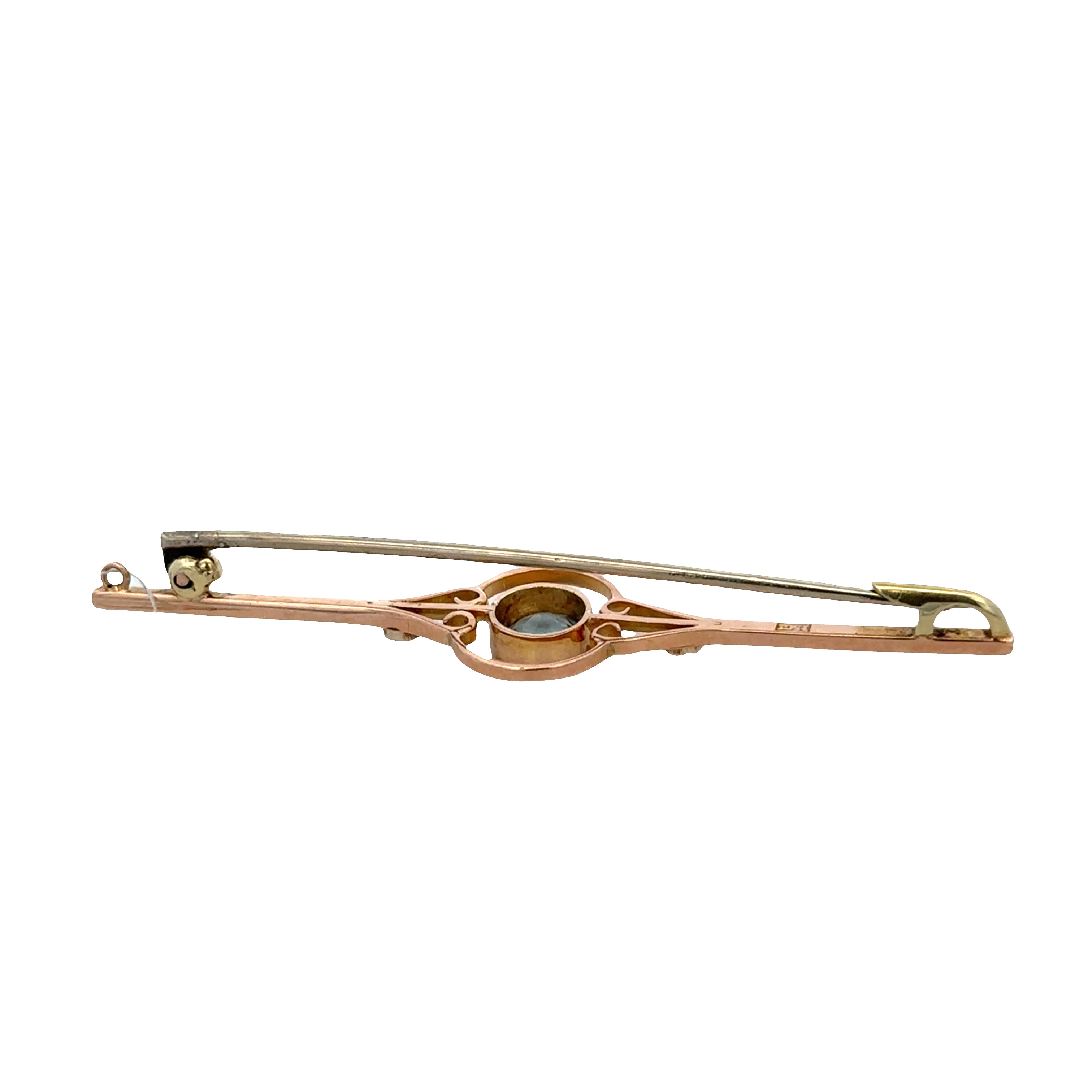 Antique Edwardian 15k Rose Gold Aquamarine & Seed Pearl Bar Pin Circa 1910s