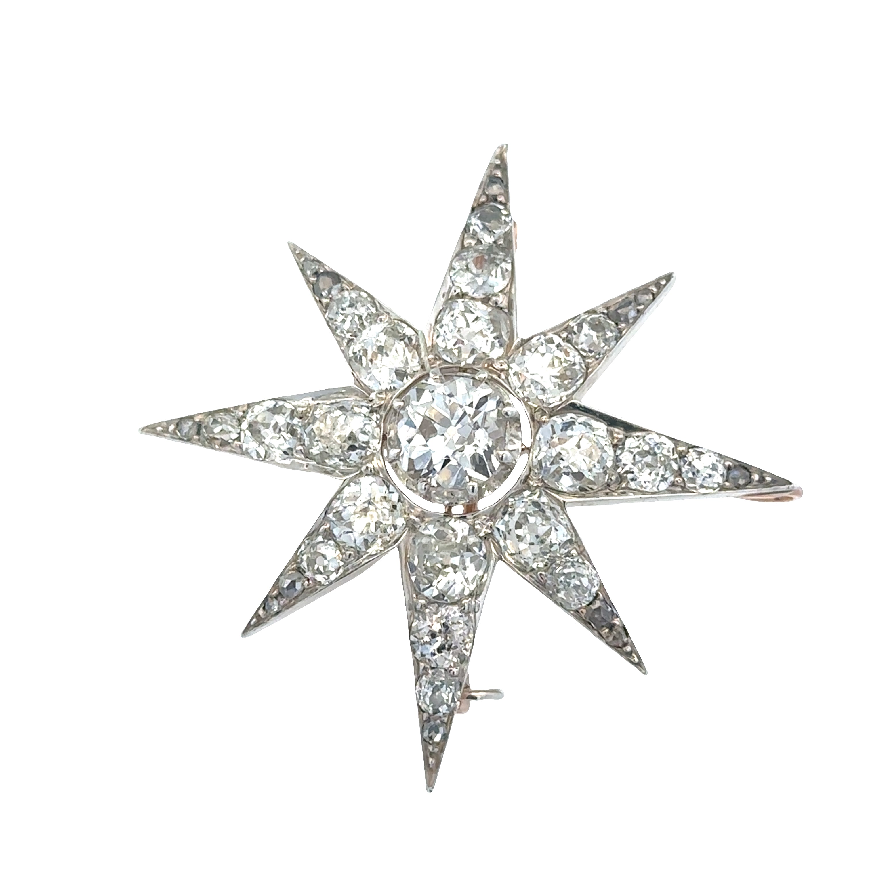 Antique Victorian 12k Rose & White Gold Diamond Star Brooch – Circa 1890s
