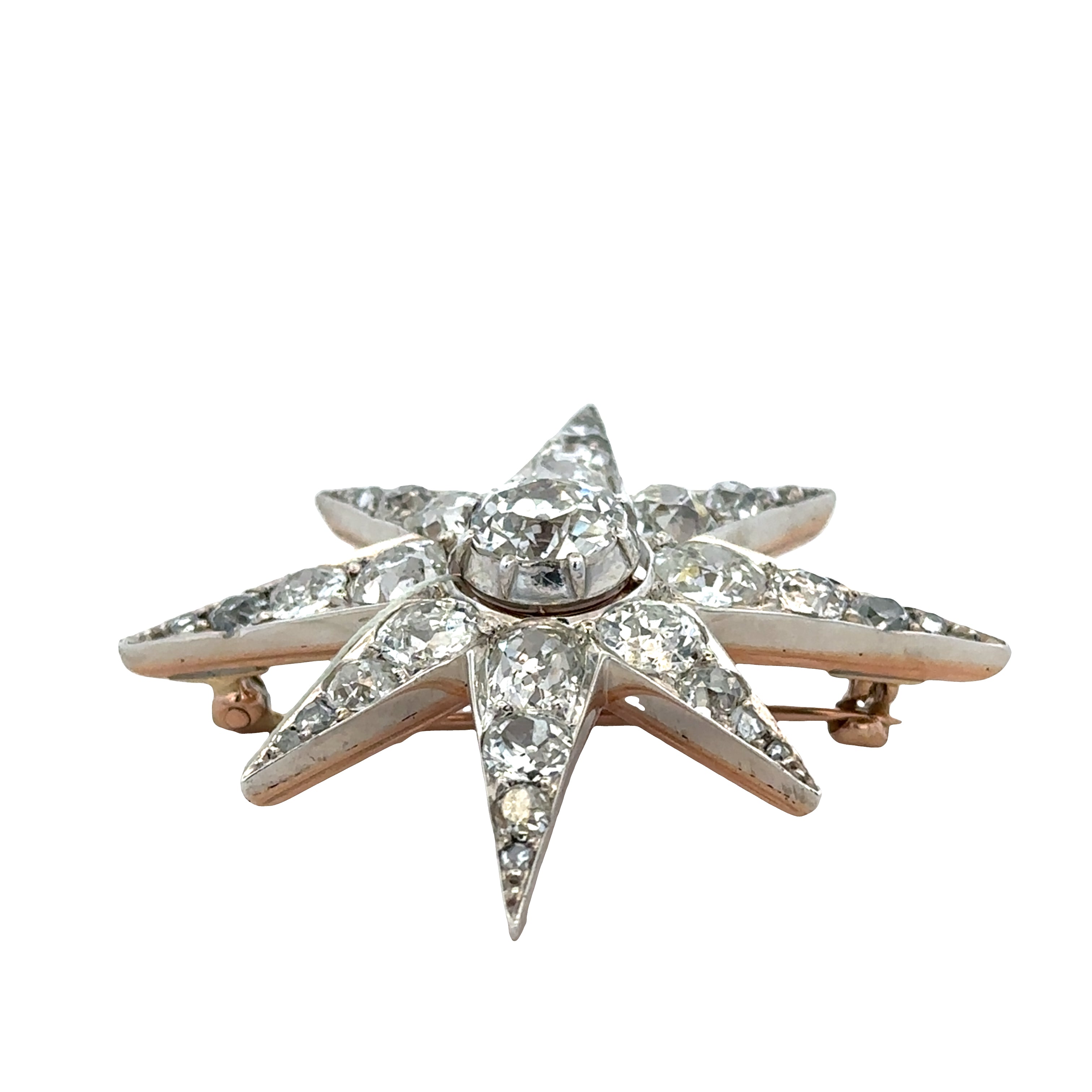 Antique Victorian 12k Rose & White Gold Diamond Star Brooch – Circa 1890s