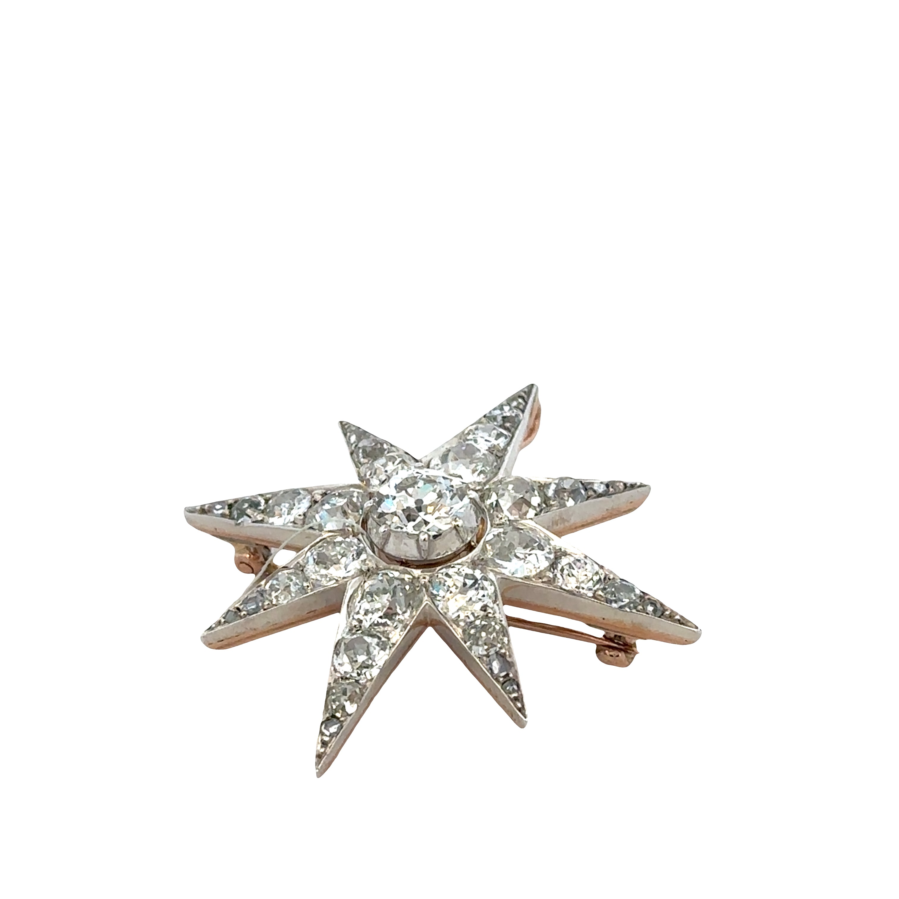 Antique Victorian 12k Rose & White Gold Diamond Star Brooch – Circa 1890s