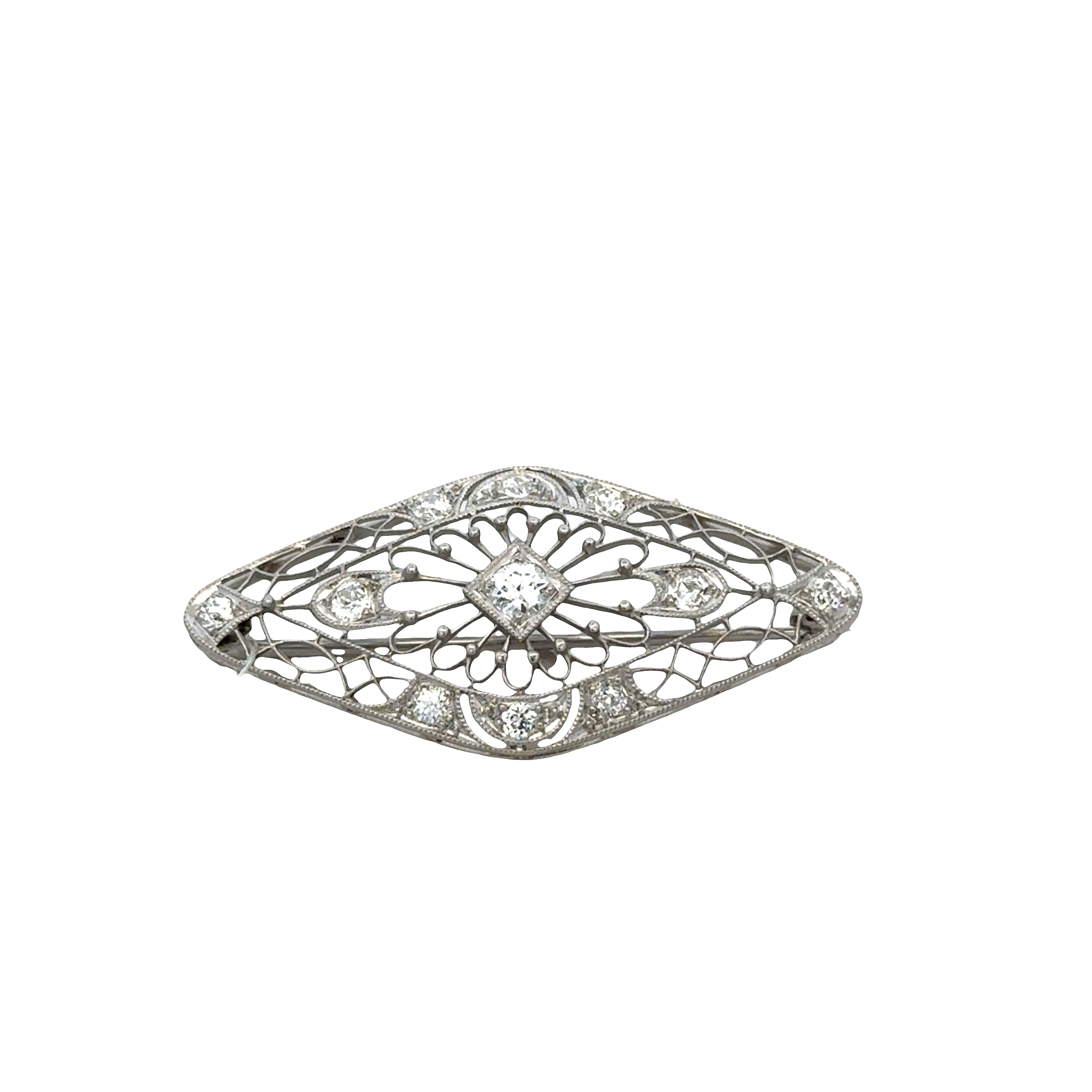 Antique Edwardian Platinum Old European Cut Diamond Filigree Brooch – Circa 1910s