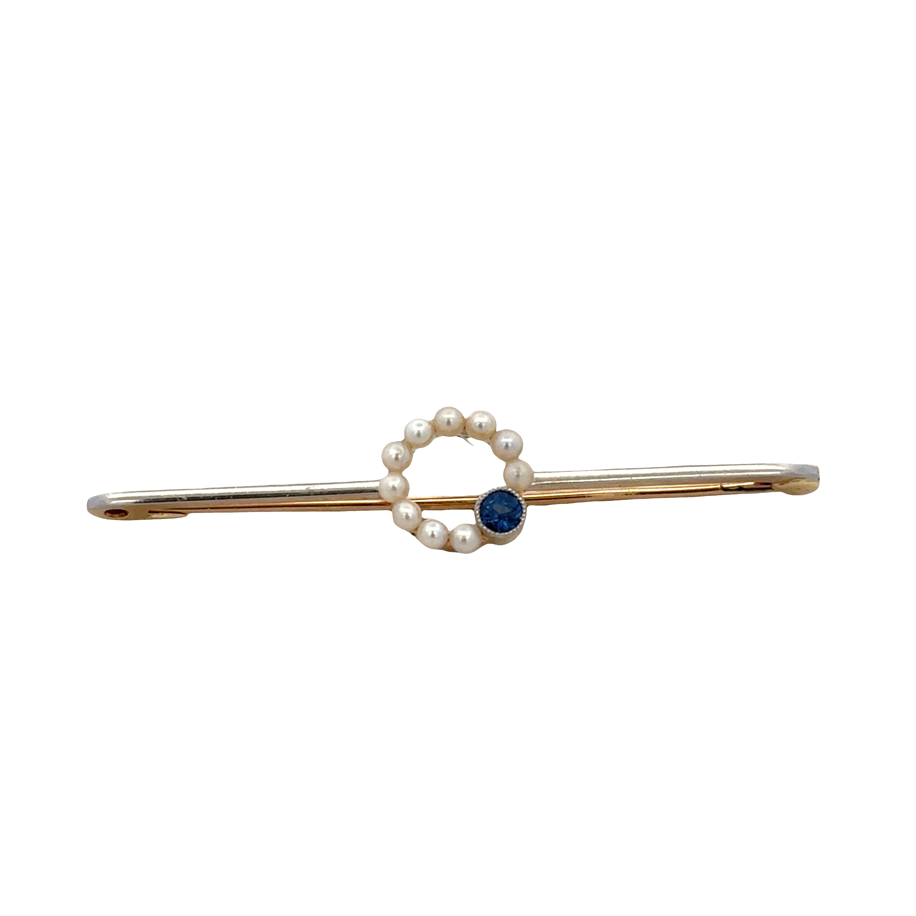 Antique Edwardian 15k White & Yellow Gold Sapphire & Seed Pearl Bar Pin Circa 1910s