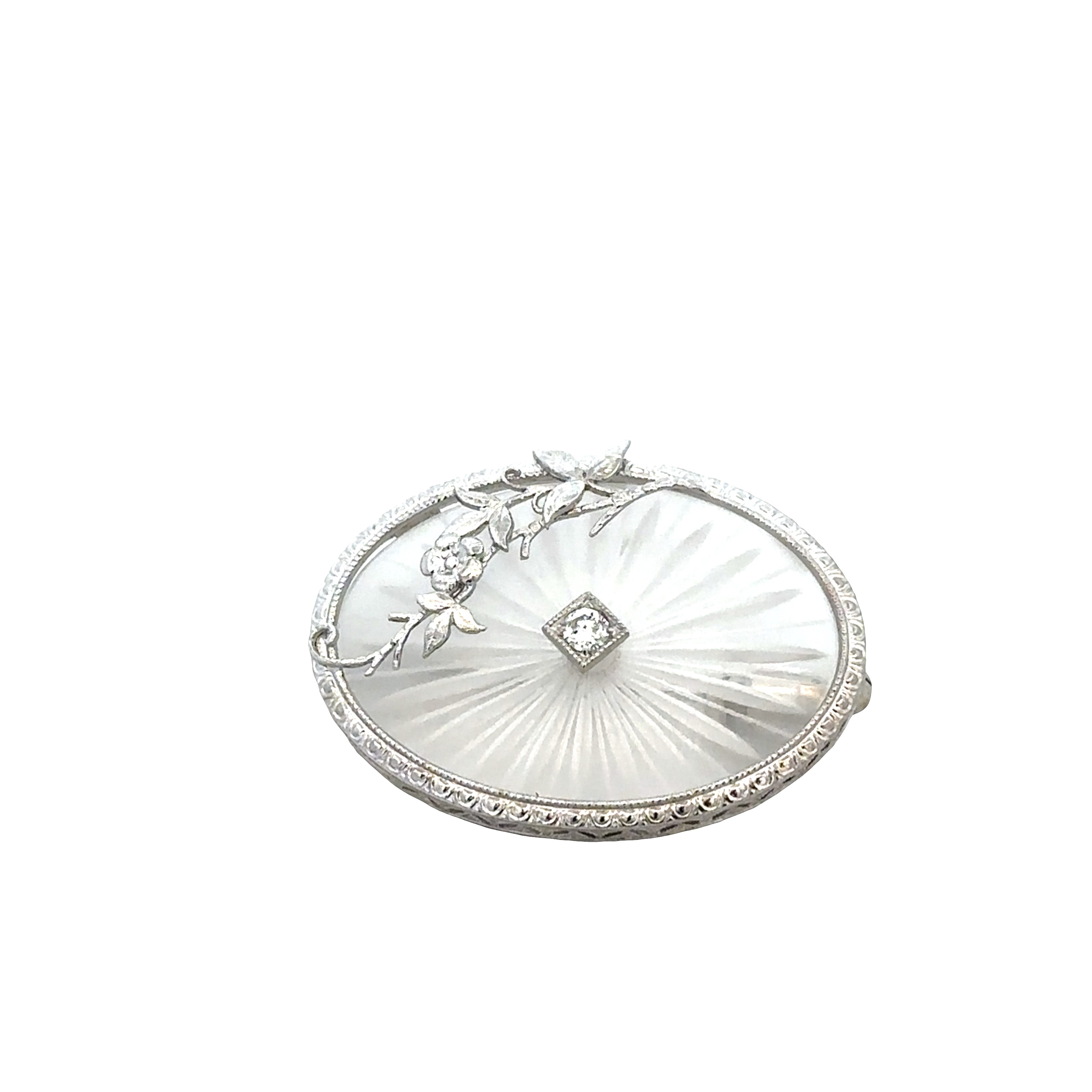 Vintage Art Deco 14k White Gold Camphor Glass Diamond Brooch – Circa 1930s
