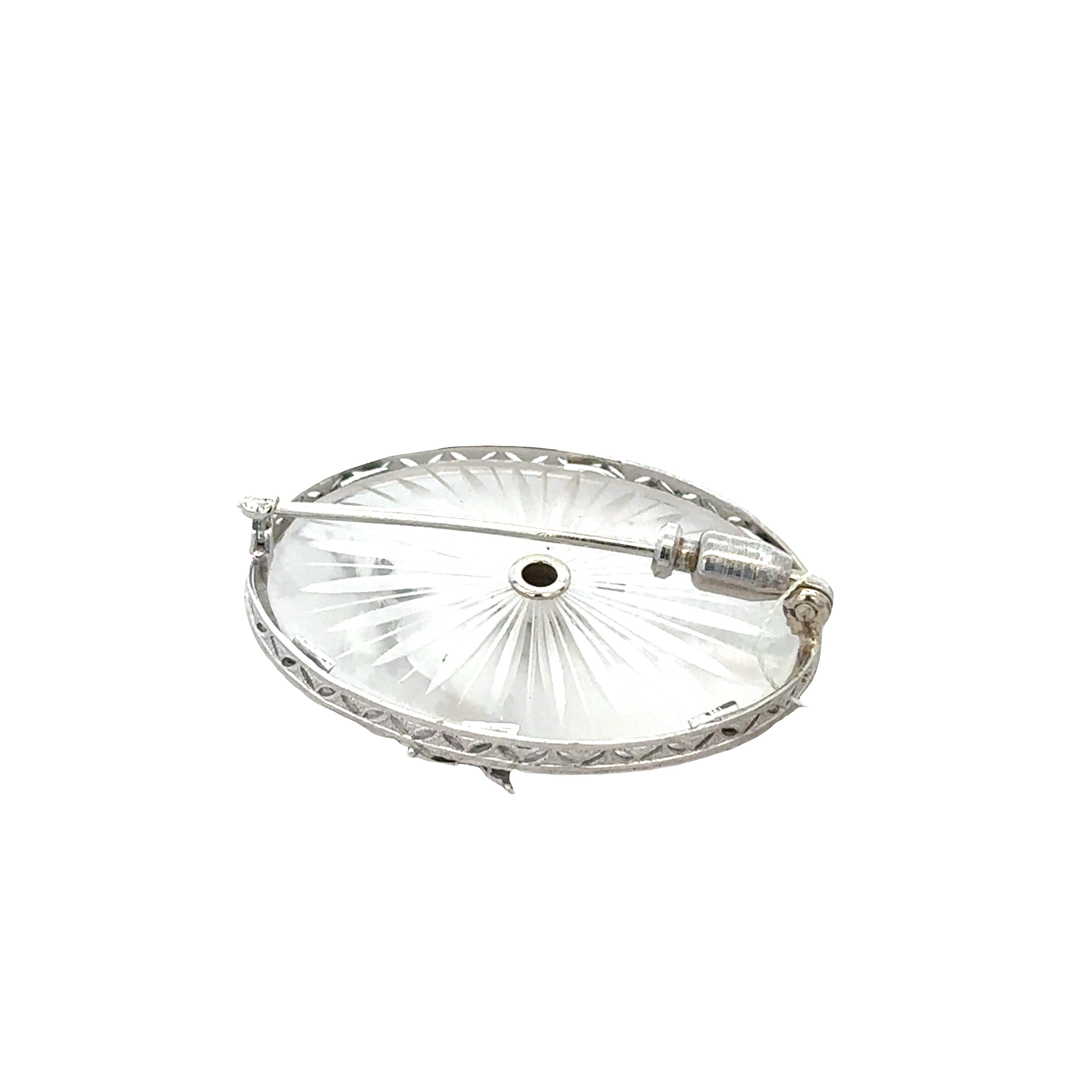 Vintage Art Deco 14k White Gold Camphor Glass Diamond Brooch – Circa 1930s
