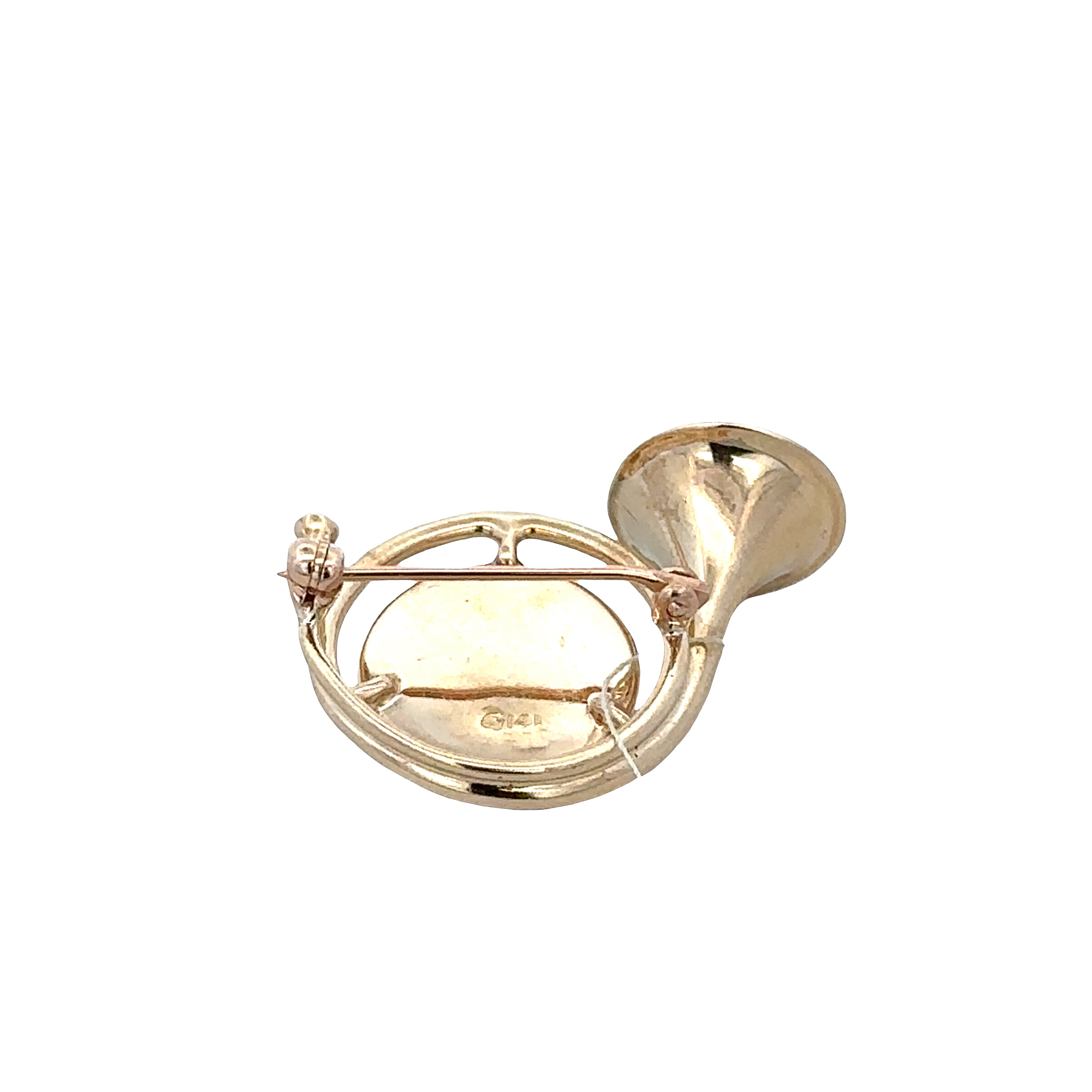 Vintage 14k Yellow Gold Essex Crystal Reverse Painted Intaglio French Horn Brooch