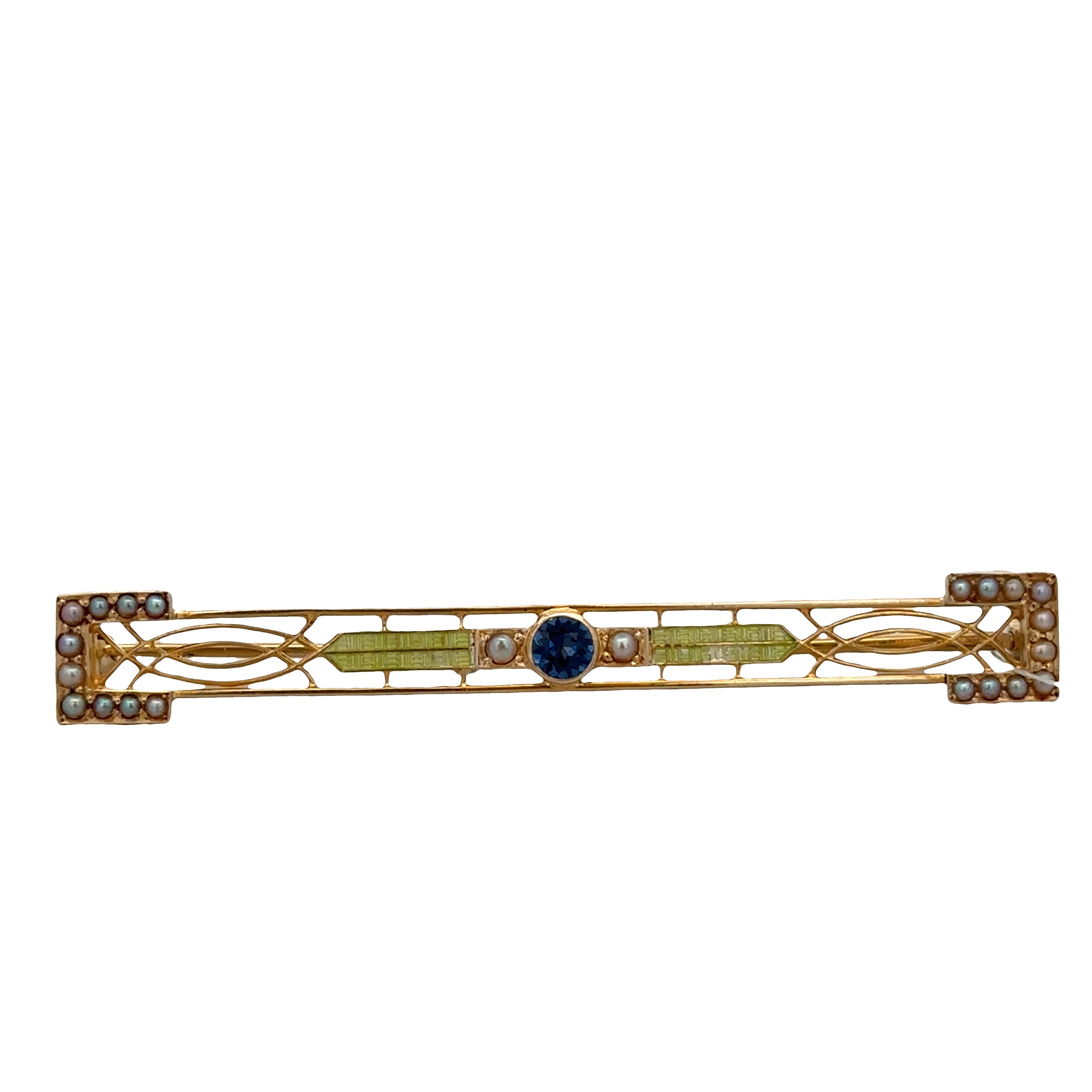Antique Art Nouveau 14k Yellow Gold Sapphire, Seed Pearl & Enamel Bar Pin – Circa 1910s