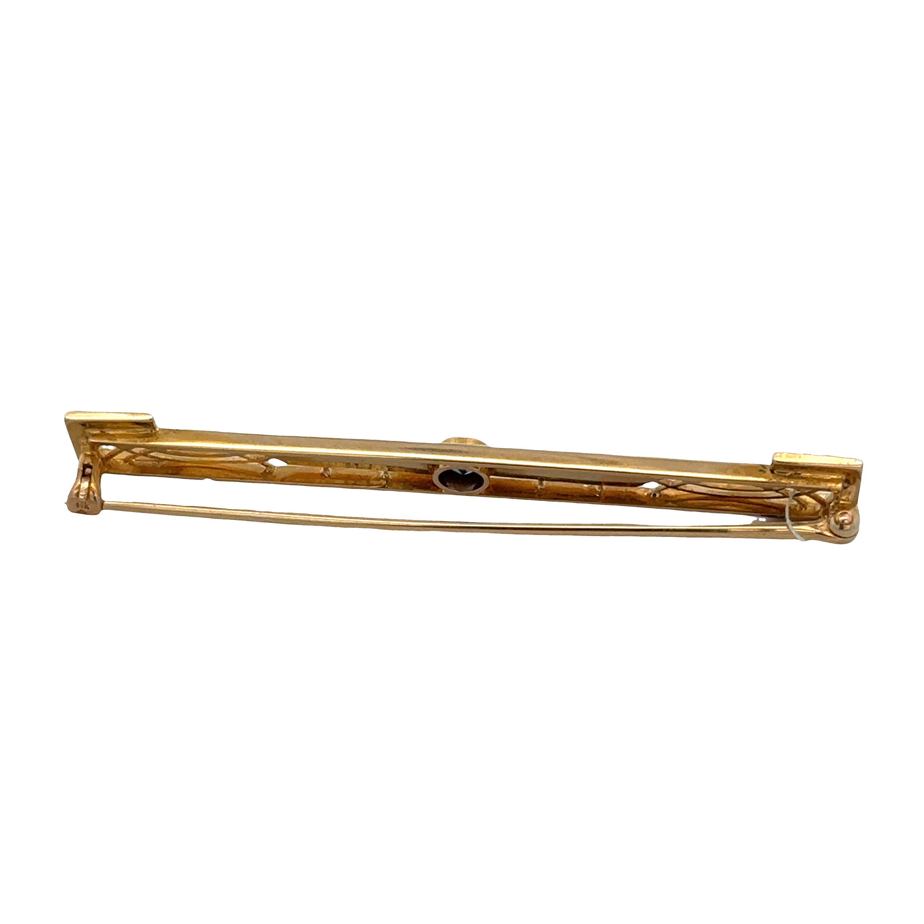 Antique Art Nouveau 14k Yellow Gold Sapphire, Seed Pearl & Enamel Bar Pin – Circa 1910s